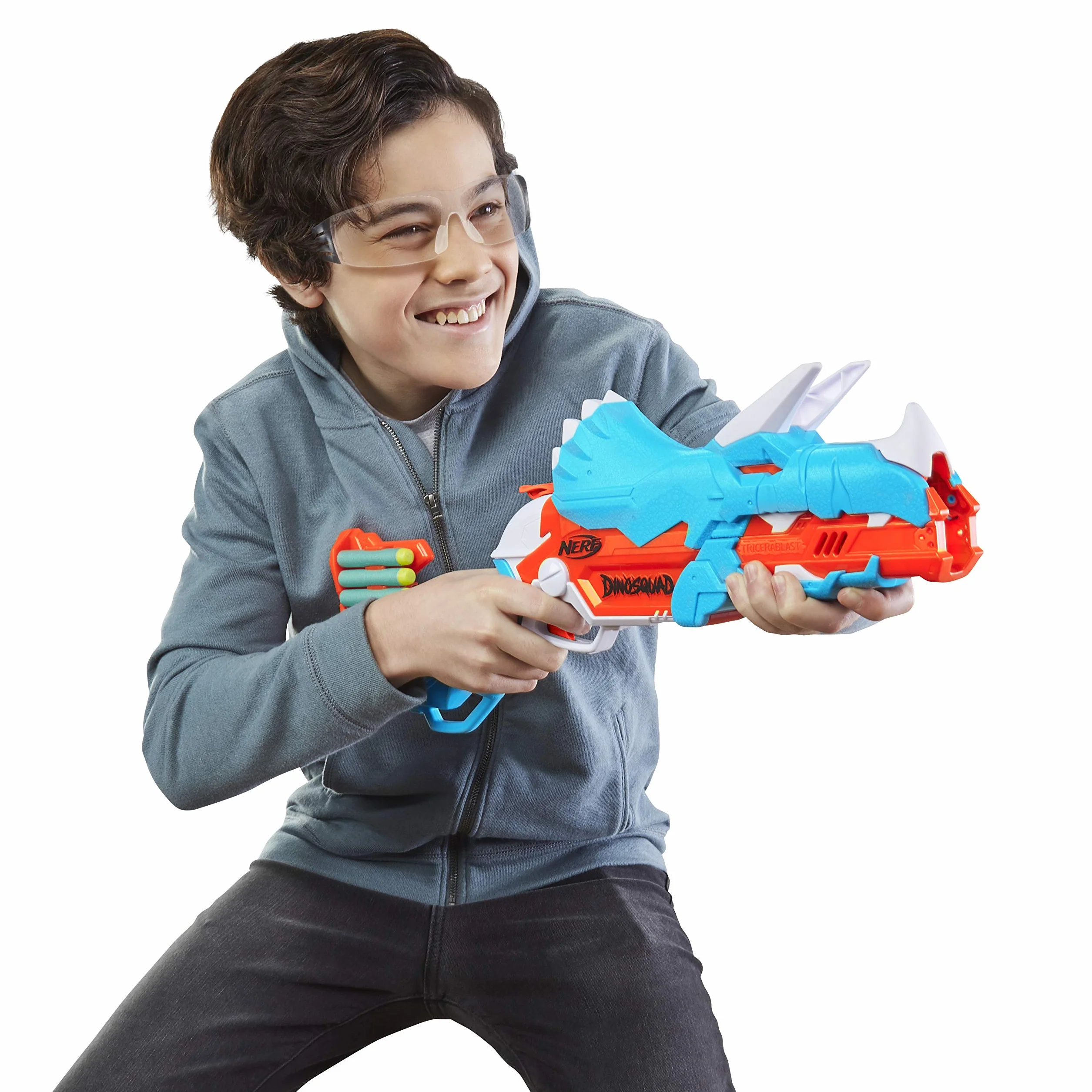 Nerf DinoSquad Tricera-blast Blaster, Break-Open 3-Dart Loading, 12 Nerf Darts, Dart Storage, Triceratops Dinosaur Design