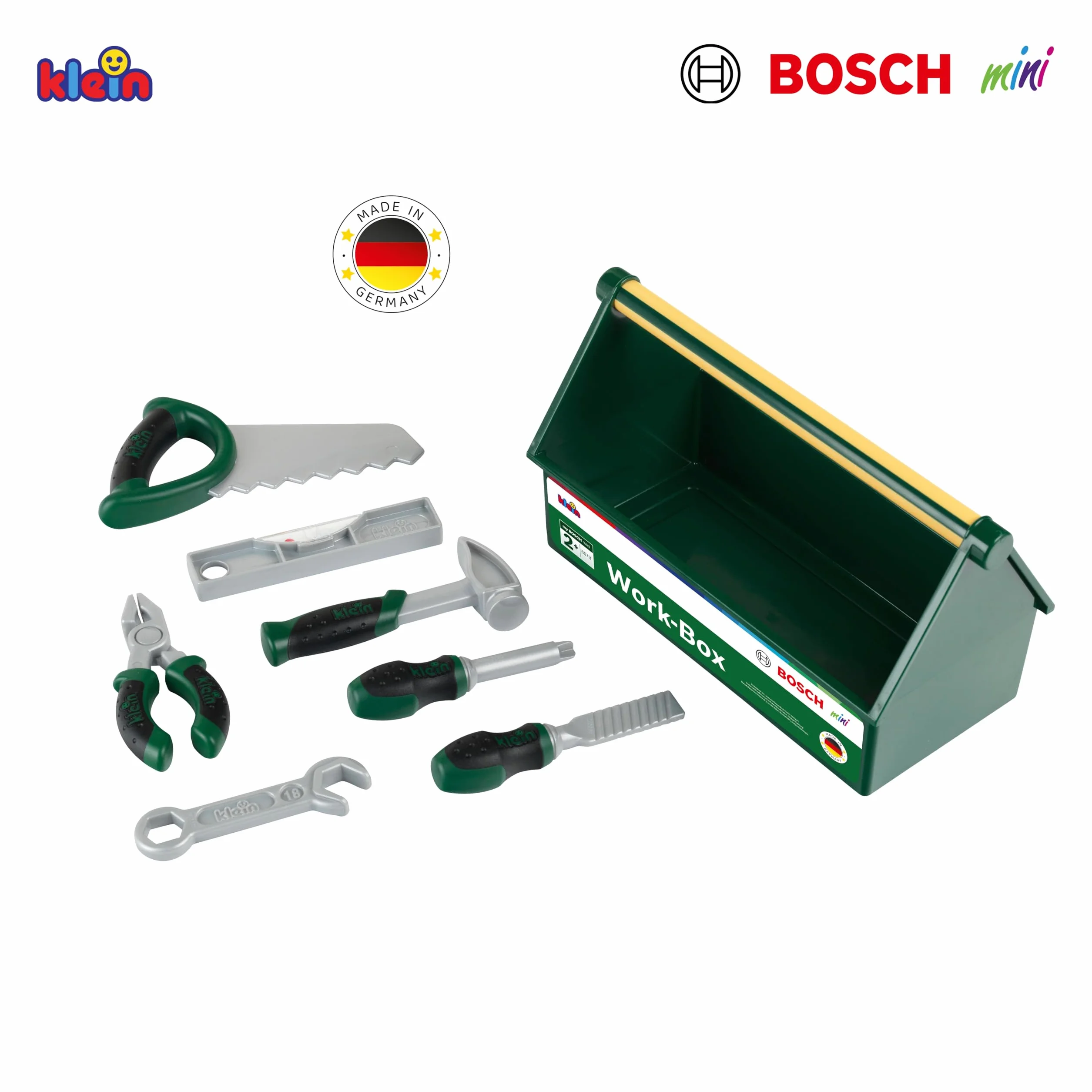 Theo Klein 8573 Caja de Herramientas, Set de Herramientas de 7 Piezas, Caja Estable con práctica asa de Transporte, Medidas: 30,25 cm x 14 cm x 17,25 cm, Juguete para niños a Partir de 3 años
