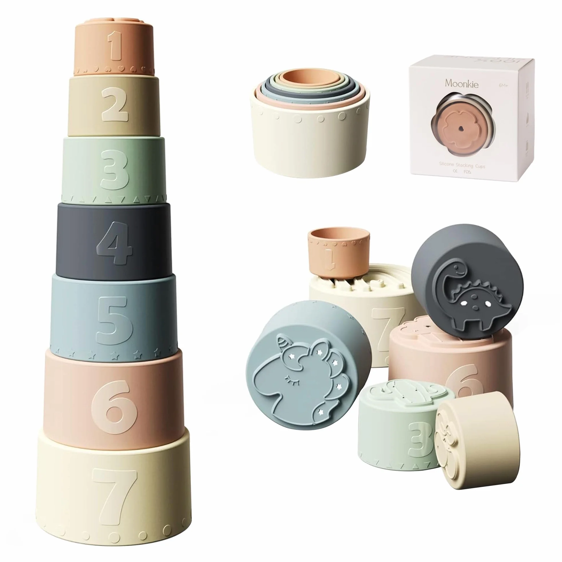 Moonkie Juguetes Niños Silicona, Cubos Apilables Bebe, Taza de Juguete Apilable, Mordedor bebé, Bloques Construccion Niños, Juguetes para Niñas, Juegos Montessori, Regalo Bebe 6+ Meses (Fine Day)