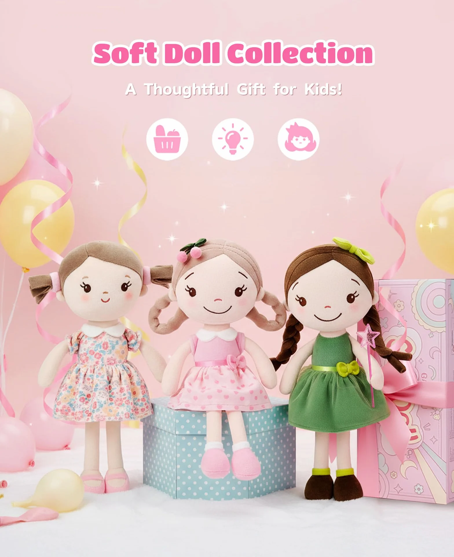 GAGAKU Muñecas Trapo para Niñas 30cm Tela Suave Ángel Guardián Regalo de Bautizo para Niña con Alas Peluche Amuleto de la Suerte para Niños de 1-6 Años- Niña Cereza (Chica Cereza) | Mi primer regalo de muñeca bebé, lavable a máquina, juguete de muñeca de