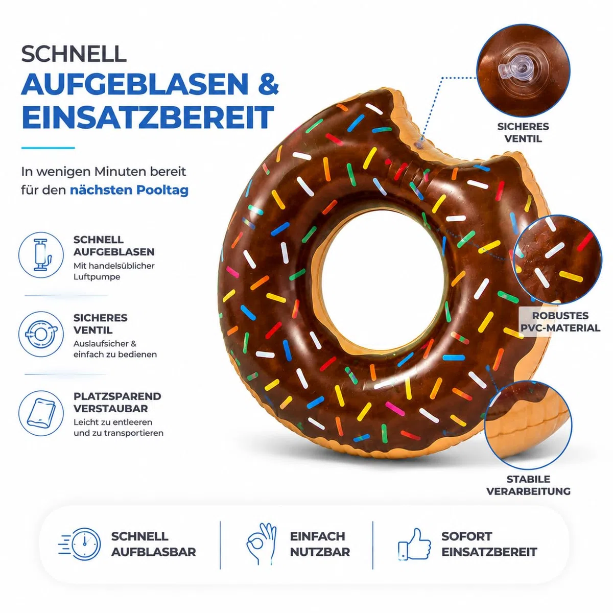 Donut Inflable Ø 120 cm con mordida Anillo de natación aro Flotante colchón de Aire cojín de natación marrón, Piscina y Agua, con 1x portavasos para Adultos y niños Isla de natación Animal flotantema