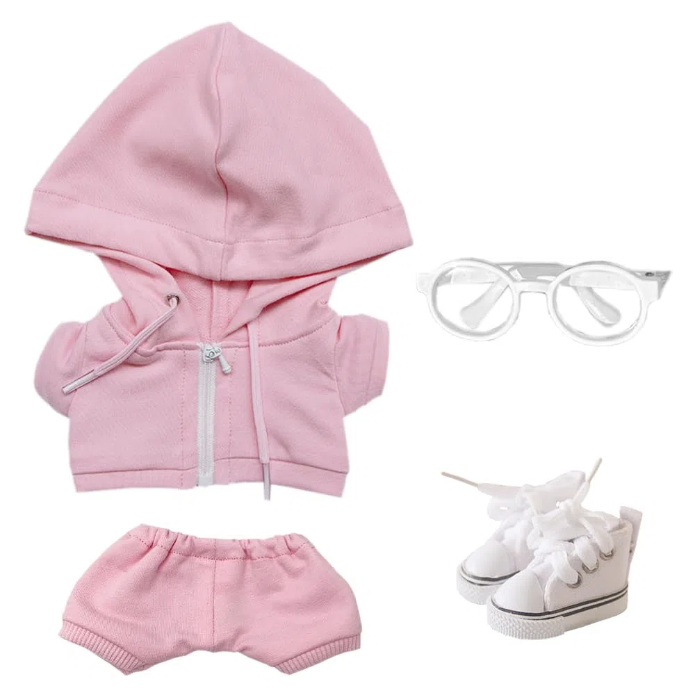 niannyyhouse Ropa de muñeca de felpa de 10 cm, 15 cm, 20 cm, con capucha, pantalones, gafas, zapatos de lona, ropa deportiva, juguete de peluche suave (rosa-20 cm)