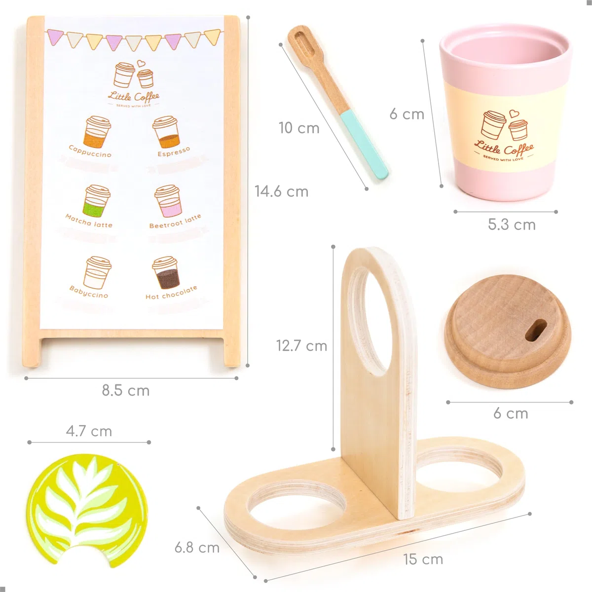 UMU Coffee to Go - Juego de café para niños a partir de 3 años, 15 piezas de accesorios de juego de rol de madera, taza de café y juego de barista