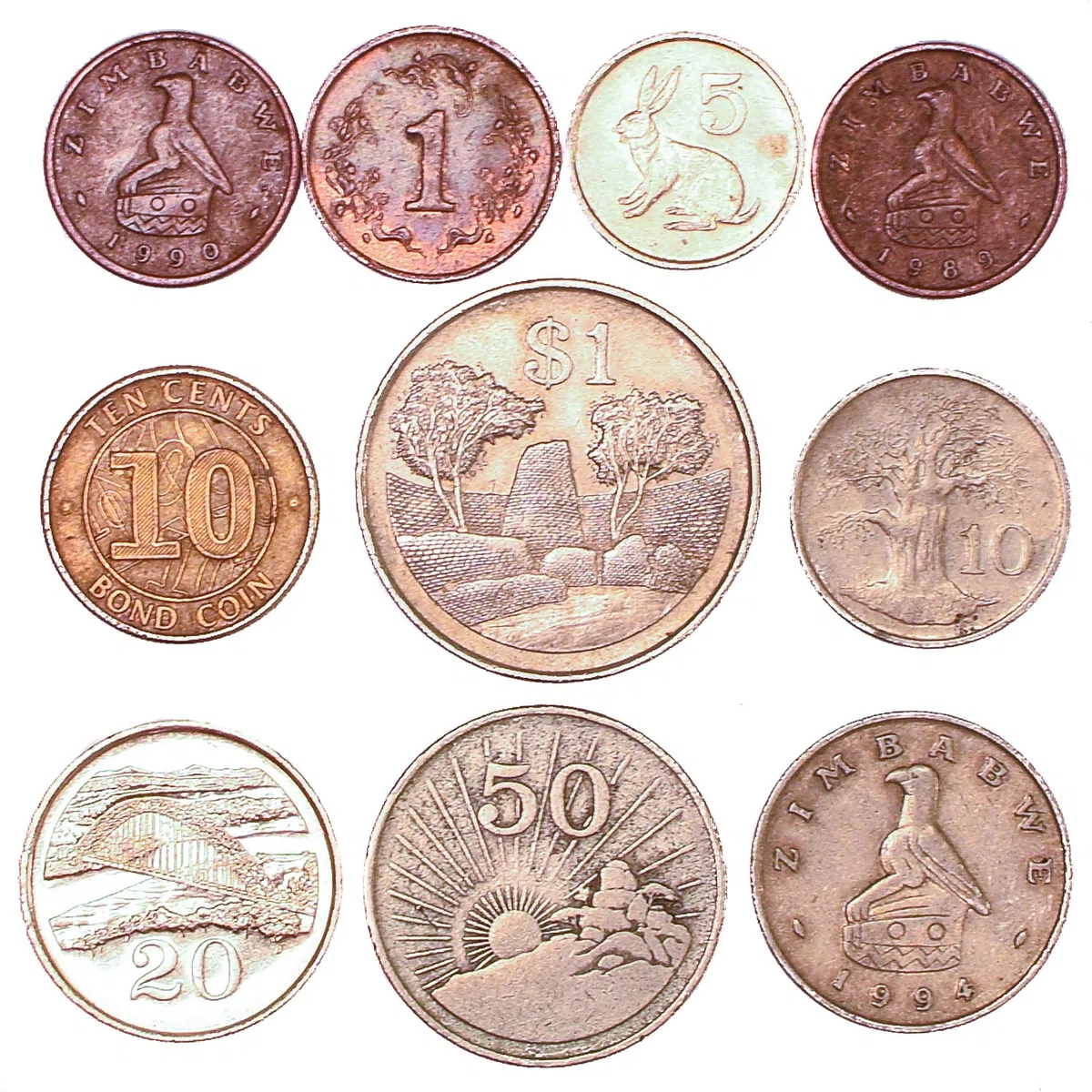 Zimbabwe 10 Monedas De 1 Centavo - 1 Dólar. Colección De Monedas De África, Desde 1980. Ideal para Banco De Moneda, Sostenedores De Moneda Y Album De Monedas