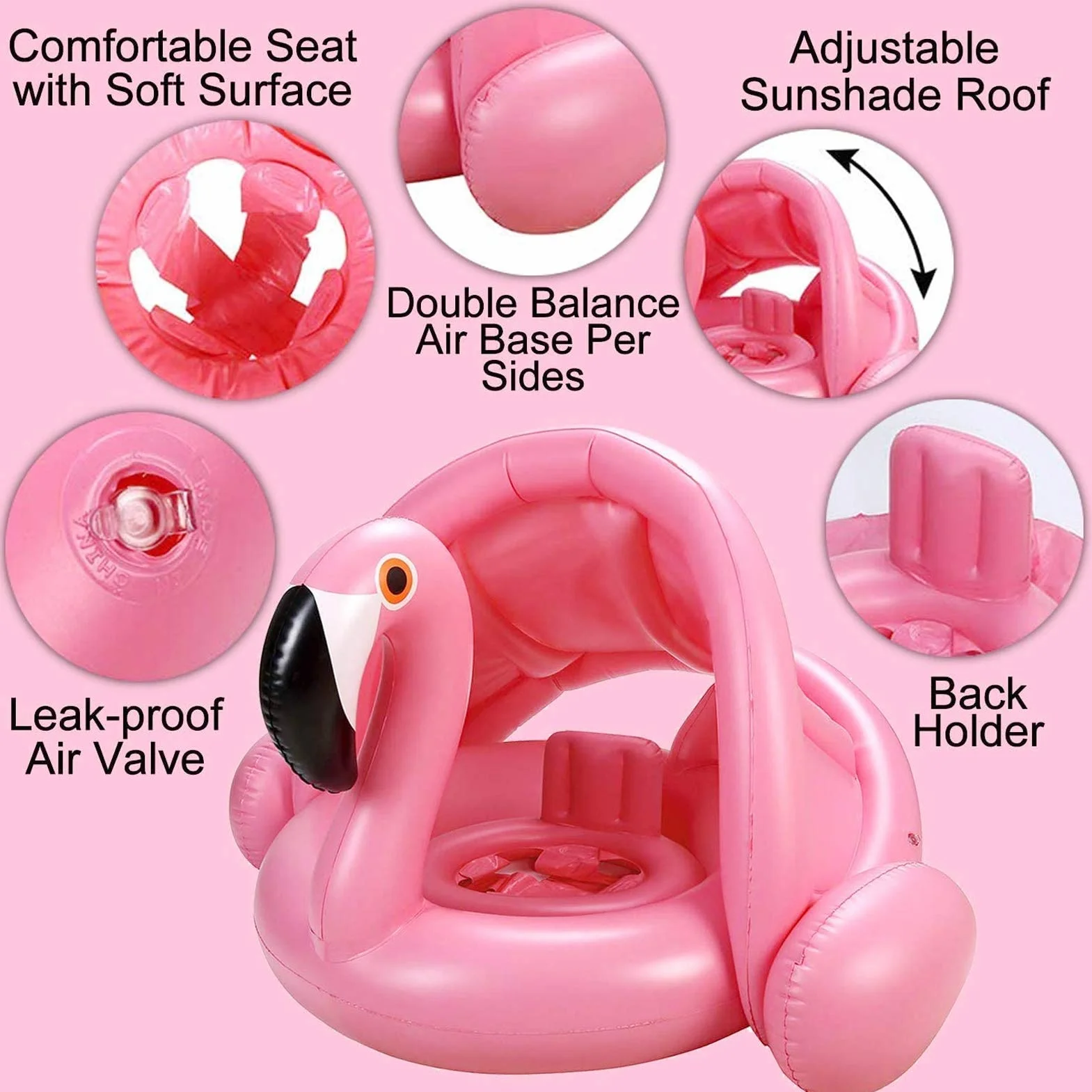 Flotadora para Bebés, Flamenco Bebé Flotador de Seguridad, Flotador para Bebé con Sombrilla, Flotador para Bebé con Asiento, Ajustable Barco Anillo de Natación, Protección UV