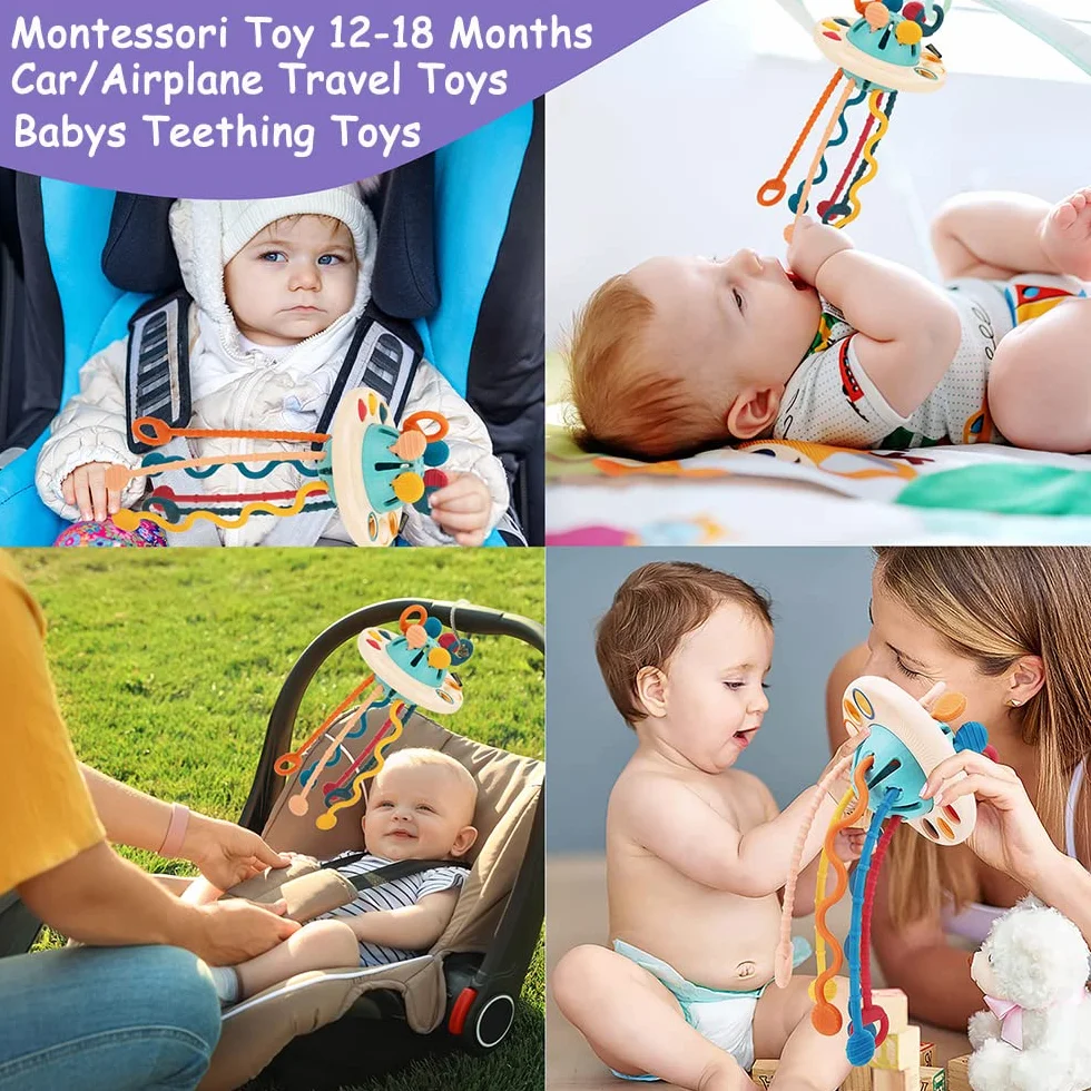 Montessori Juguetes para Bebés, Juguetes para Bebés de Habilidades Motoras Juguetes de Actividad Multisensorial para Bebés, Cuerda de Silicona para Tirar, Juguetes Regalo para Niños