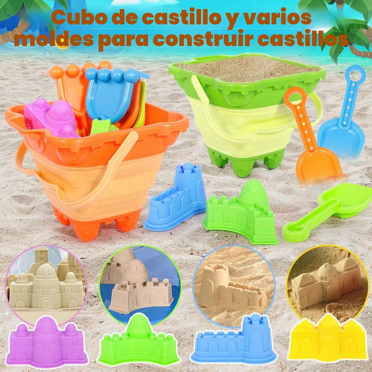 14 Piezas Juguetes de Playa para Niños con Cubo Castillo, Palas, Moldes de Arena y Bolsa de Rejilla – Juguetes Playa Infantiles Ideales para Arenero, Jardín, Vacaciones, Viajes