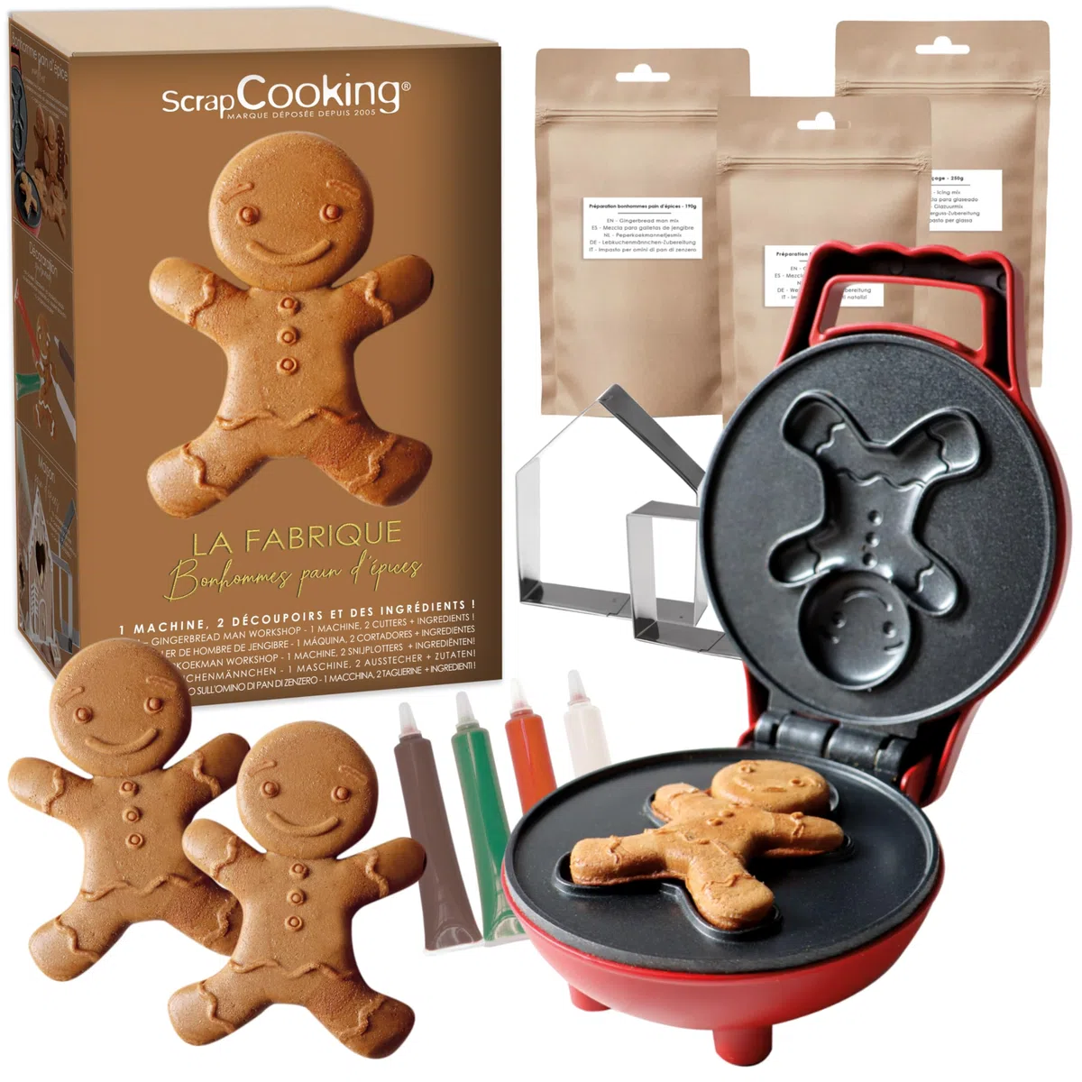 ScrapCooking 3815 - Kit de fábrica de jengibre con máquina para muñecos de Navidad, cortadores de acero inoxidable y bolígrafos choco