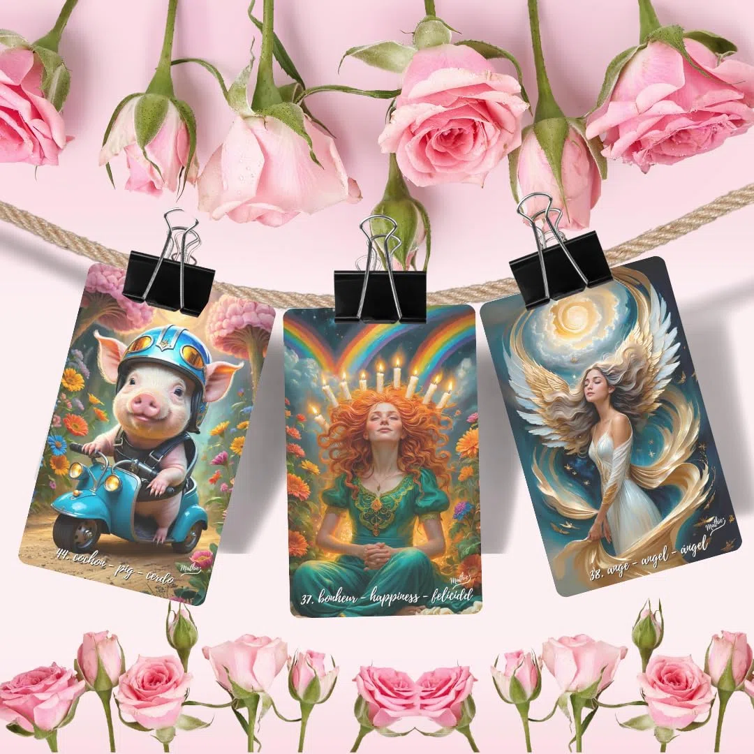 Curly Reddish Lenormand: 36 + 16 Cartas Lenormand oráculo para Principiantes de Mathie y su Guia Angelical, Muy intuitivo, con Video Curso, Palabras Clave en español, inglés y francés