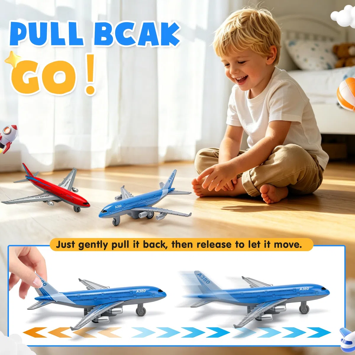 Lote de 2 Avión de Juguete Airbus A380, Mini Avión con Función de Retroceso, Avión a Tracción para Niños Desde 3 años – Modelo de Avión Rodante para Juguete de Aeropuerto