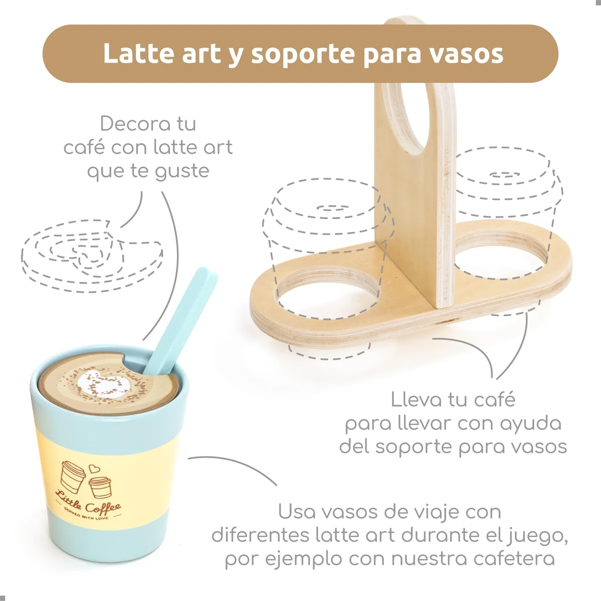 UMU Coffee to Go - Juego de café para niños a partir de 3 años, 15 piezas de accesorios de juego de rol de madera, taza de café y juego de barista