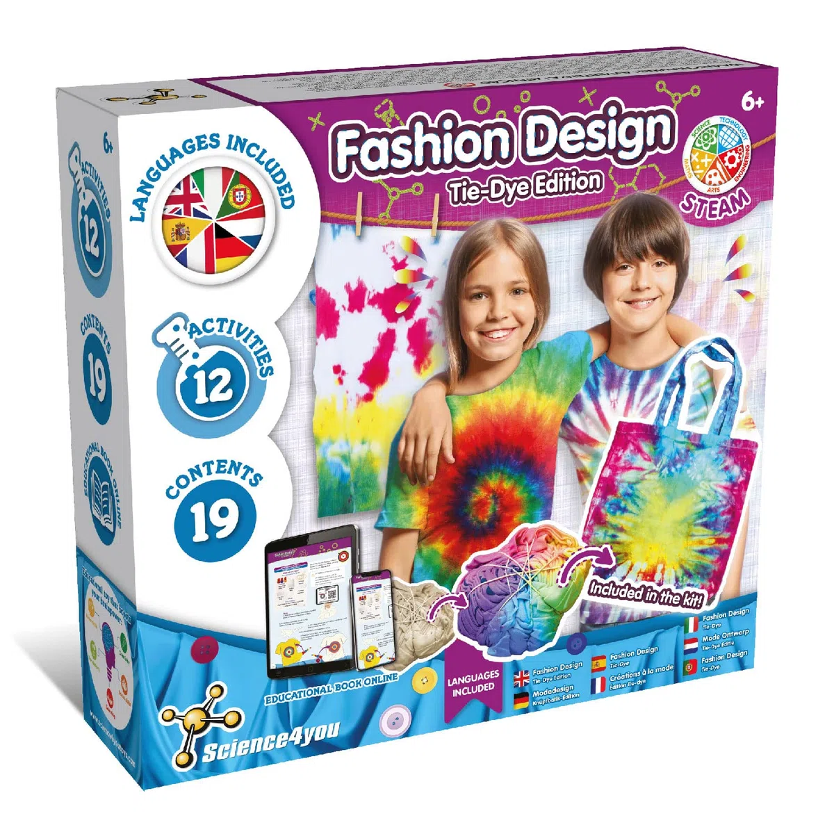 Science4you Fashion Design - Actividades Tie Dye Kit para Niños, Tinte para Ropa y Bolsa Tie Dye de Pintura lavable, Manualidades para Niñas 6+ años, Juegos, Juguetes DIY, Regalo para Niños y Niñas