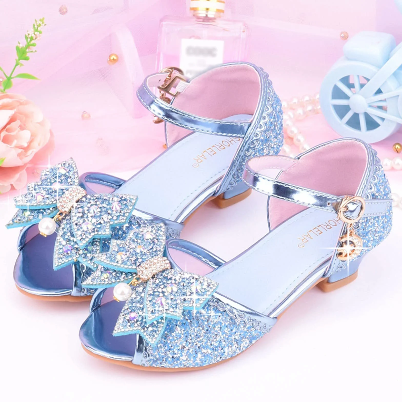 Zapatos de princesa para niña, con purpurina, Mary Jane, tacones altos, lazo de estrás, zapatos de vestido de lentejuelas lisos, cosplay, para disfraces, fiestas, fiestas de cumpleaños