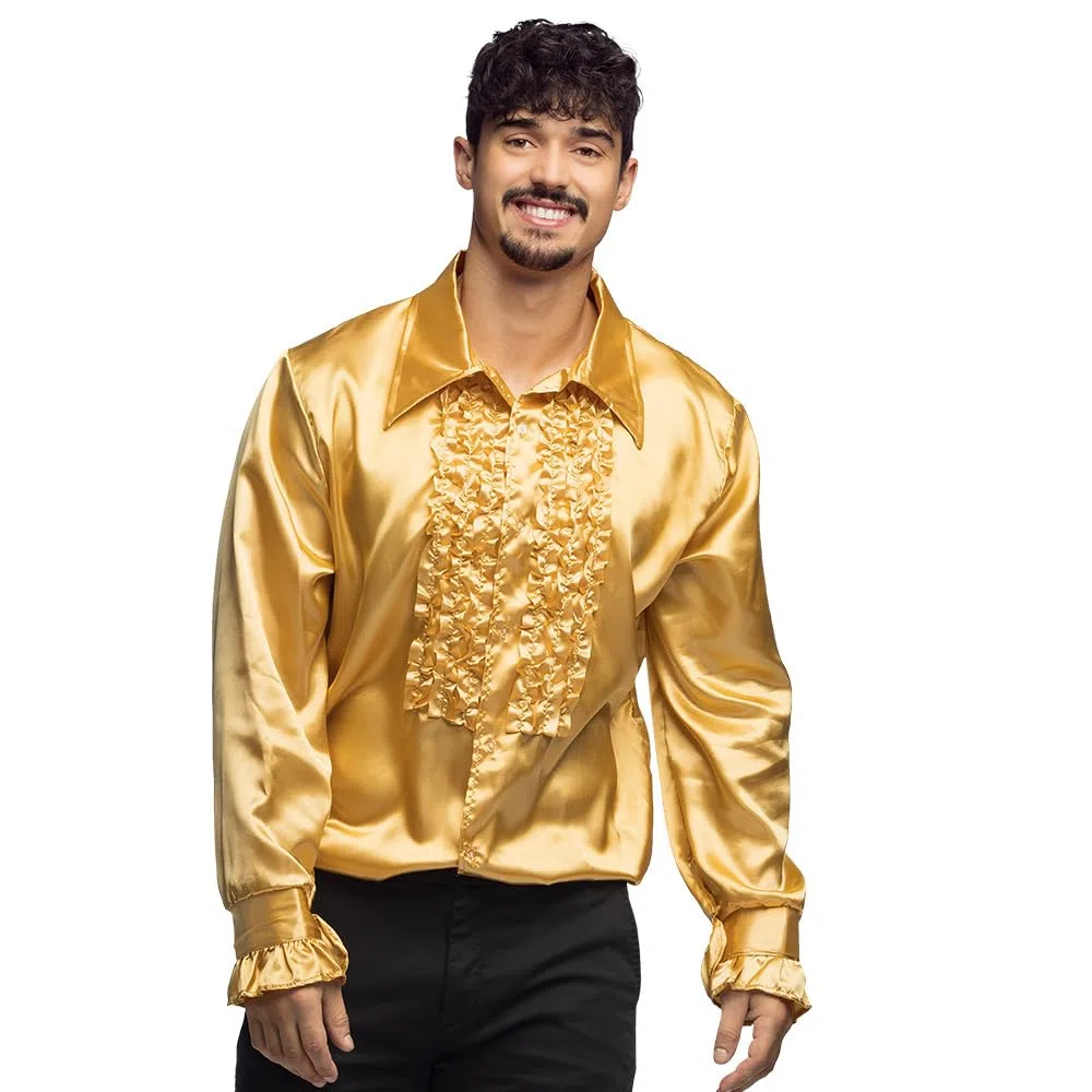 Boland - camicia da discoteca con frange, oro, da uomo, costume, camicia da festa, mossa Schlager, anni '70, festa a tema, carnevale