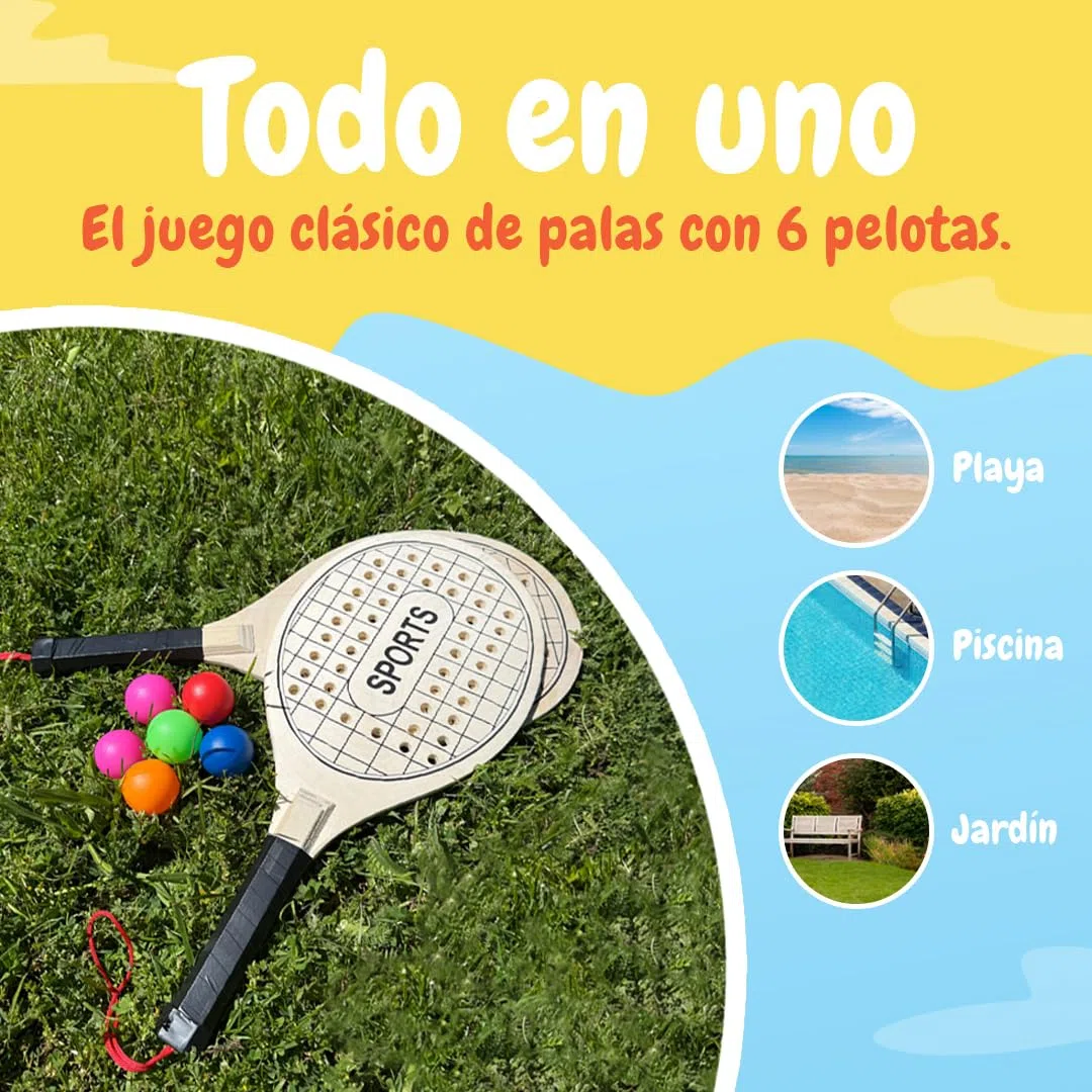 Palas Playa Madera + 6 Pelotas - Juguetes Playa para Niños y Adultos - Juegos Playa Divertidos - Tenis de Playa - Raquetas Playa - Juego al Aire Libre - Accesorios Playa