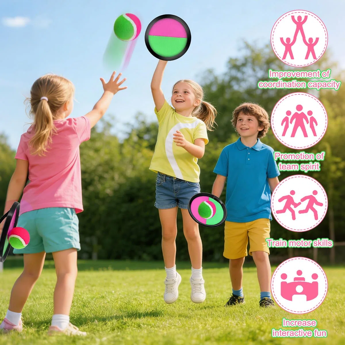 Captura Bolas Raqueta Set, Juego de Lanzamiento y Captura com 4 Palas y 4 Bolas, Lanzamiento Pelota Juegos, Juego de Lanzar y Atrapar Pelotas para Patio, Jardín, Interior & Exterior (2 pares)
