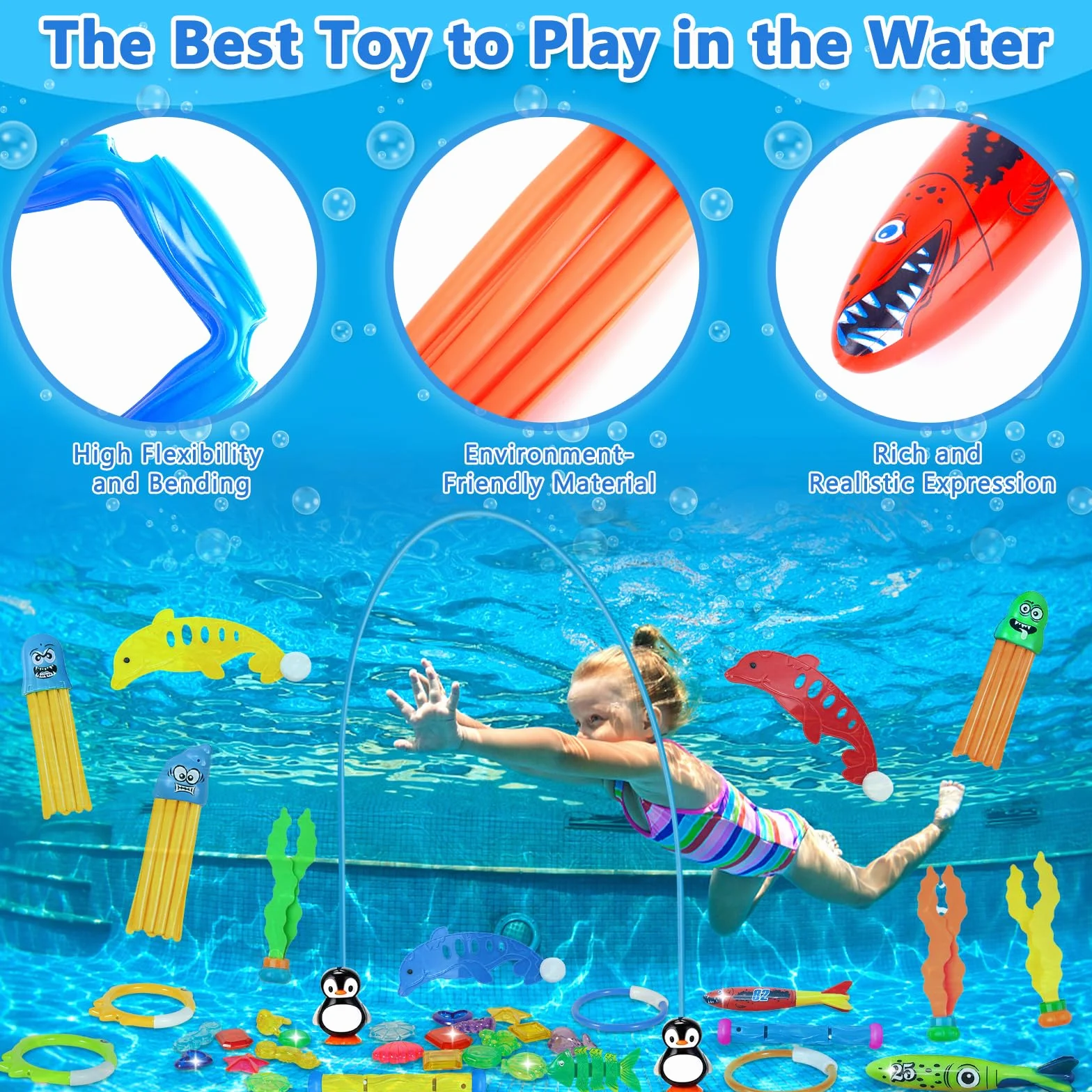 Frasheng 43 Piezas Juguetes de Buceo en Piscina,Juguetes para Nadar bajo el Agua Conjunto,Juguetes de Buceo Conjunto para Niños,Incluir Anillos de Buceo,Palos de Buceo,Entrenamiento Juego para Niños