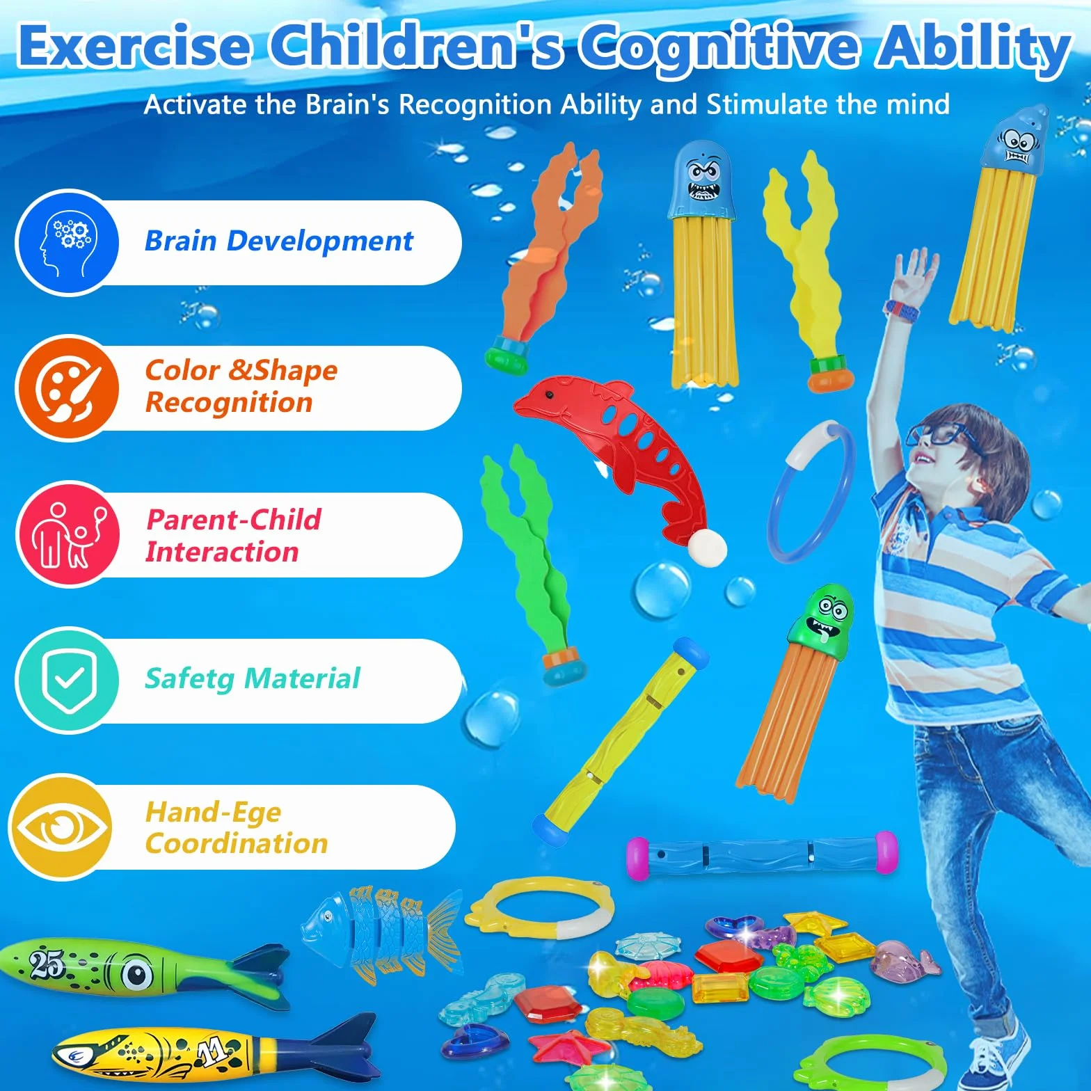 Frasheng 43 Piezas Juguetes de Buceo en Piscina,Juguetes para Nadar bajo el Agua Conjunto,Juguetes de Buceo Conjunto para Niños,Incluir Anillos de Buceo,Palos de Buceo,Entrenamiento Juego para Niños