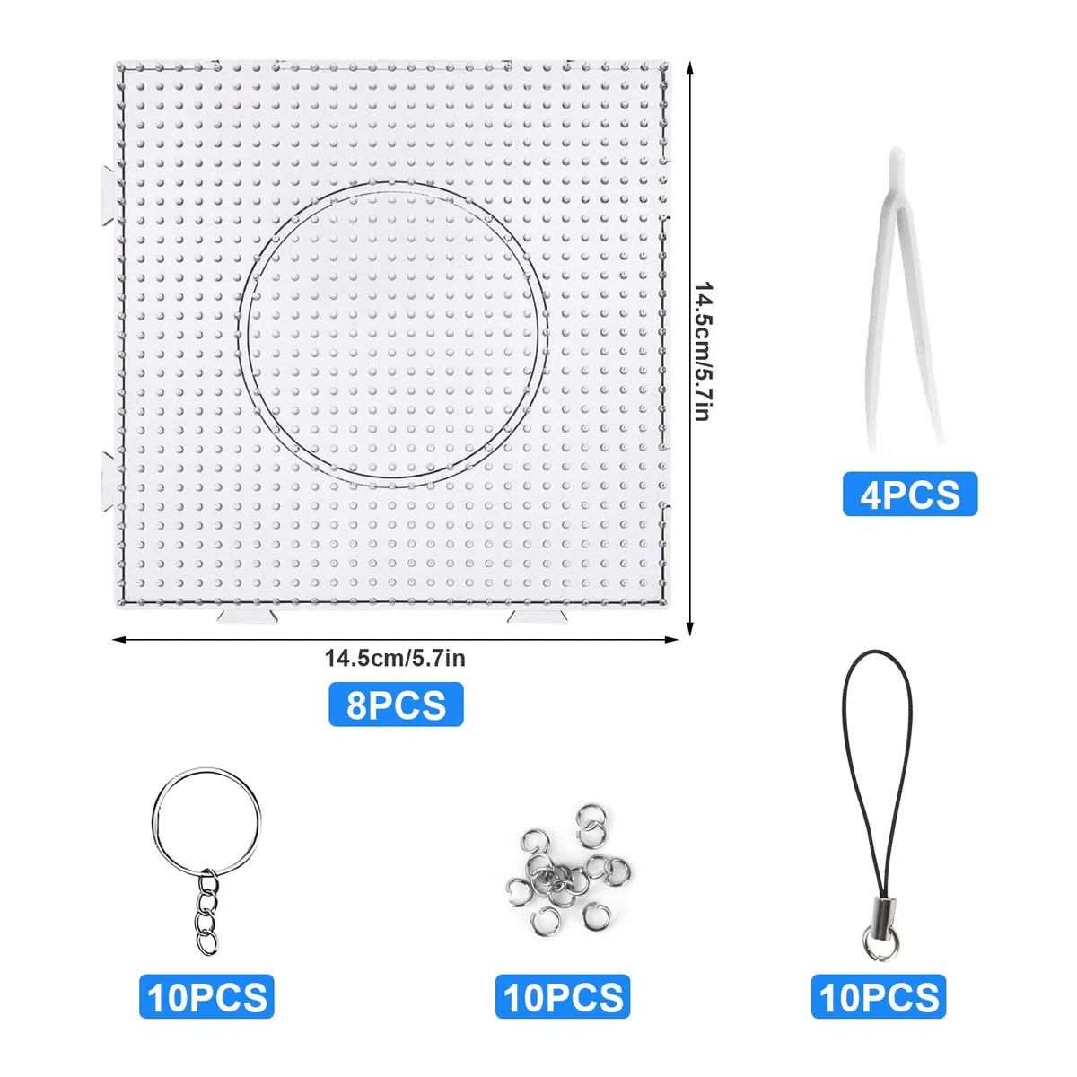 Fizdoqg 8 Piezas Placa de Cuentas para Planchar 5mm Beads Plantilla, Placas Transparente para Cuentas Plantillas de Cuadradas con 4 Pinzas y 10 Cintas para Llaves, Llavero
