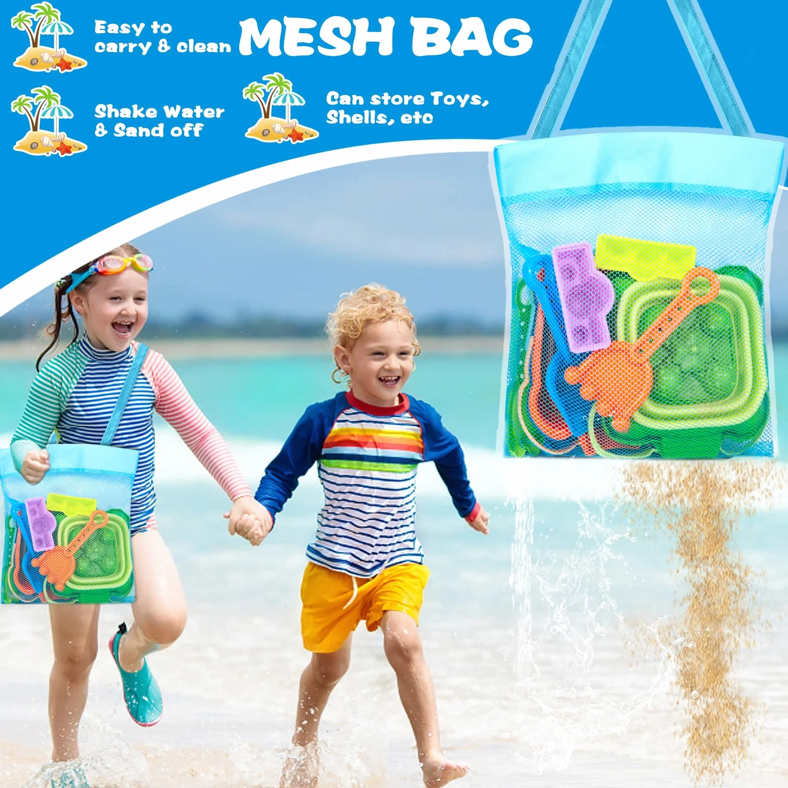 14 Piezas Juguetes de Playa para Niños con Cubo Castillo, Palas, Moldes de Arena y Bolsa de Rejilla – Juguetes Playa Infantiles Ideales para Arenero, Jardín, Vacaciones, Viajes