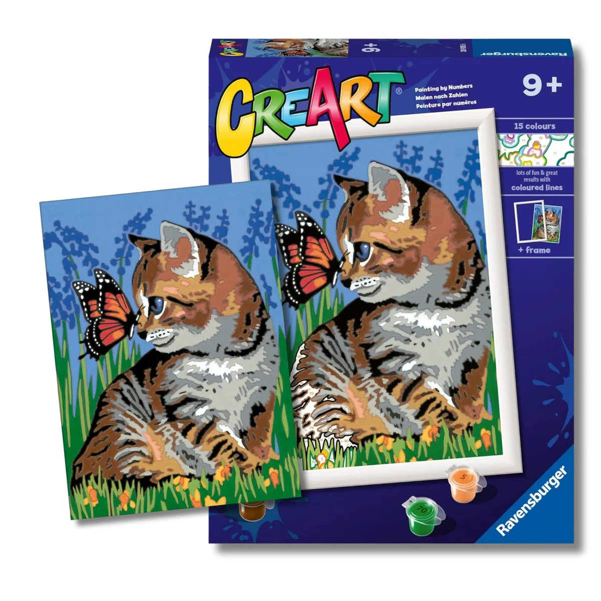 Ravensburger - CreArt Serie D, Gatito y Mariposa, Pintura por Numeros, Kit de Pintura para Niños, Juego Educativo para Niños de 9+ Años, 26x20 cm