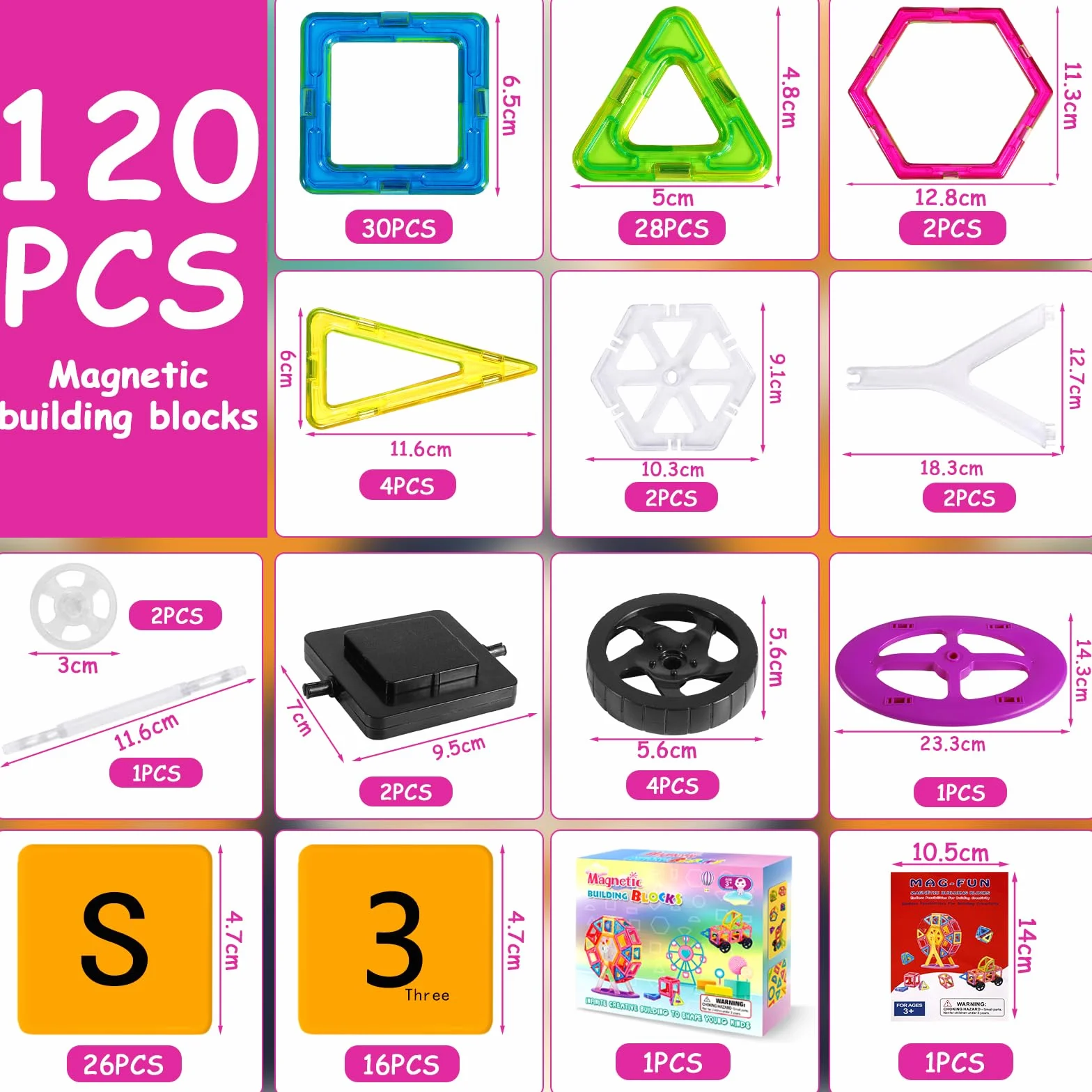 Purpledi 120 piezas bloques de construcción magnéticos juegos de imanes de construcción magnéticos, juguetes para niños, juegos de construcción educativos, regalo de cumpleaños para 4 5 6 7 8 9 años