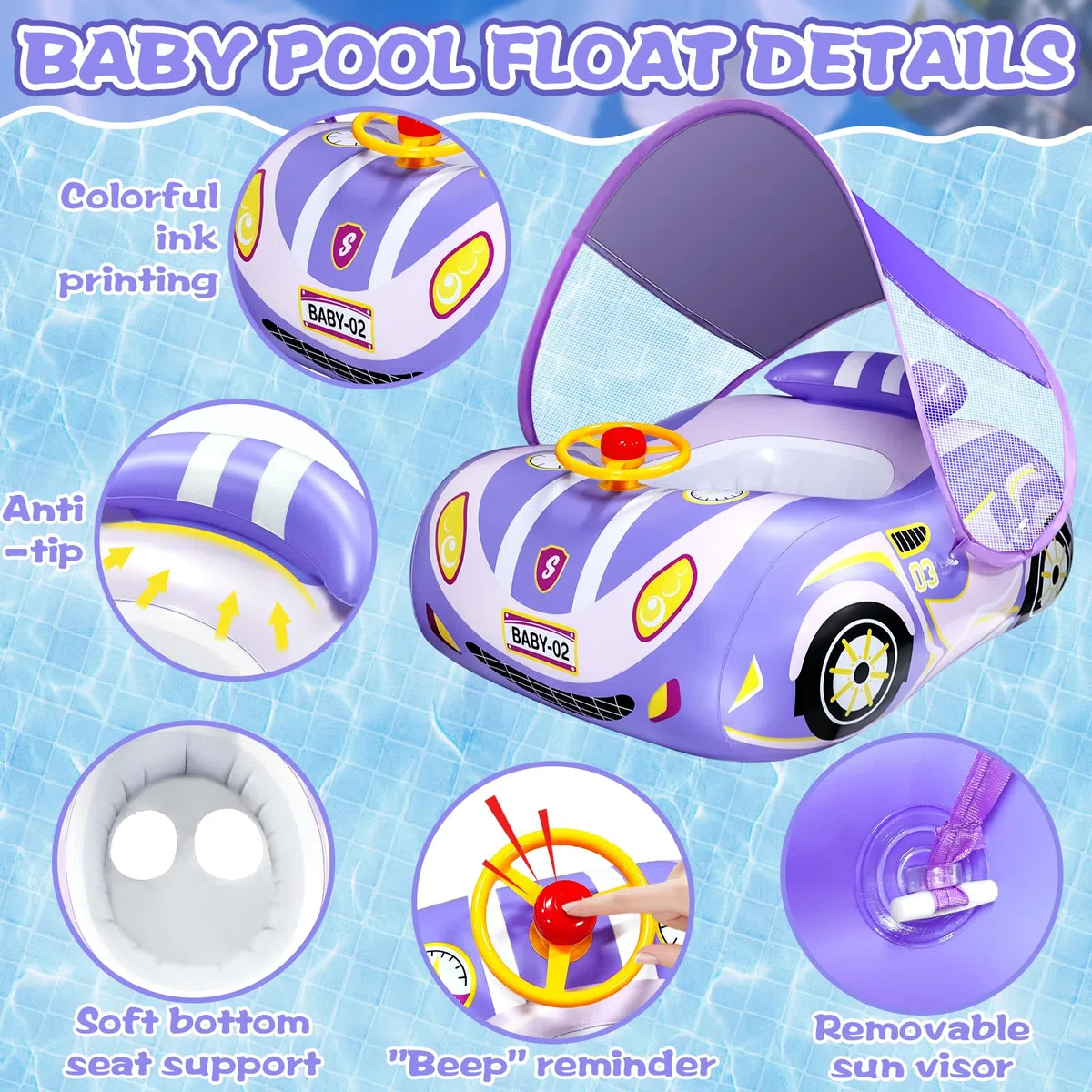 Flotador Bebe con Sombrilla SPF50+, Inflable Flotador Bebé con Volante, Flotador con Sombrilla para Bebe, Flotador Piscina Bebe, para Niños Bebes Piscina de Natación Playa,para Niños 1-4 Año
