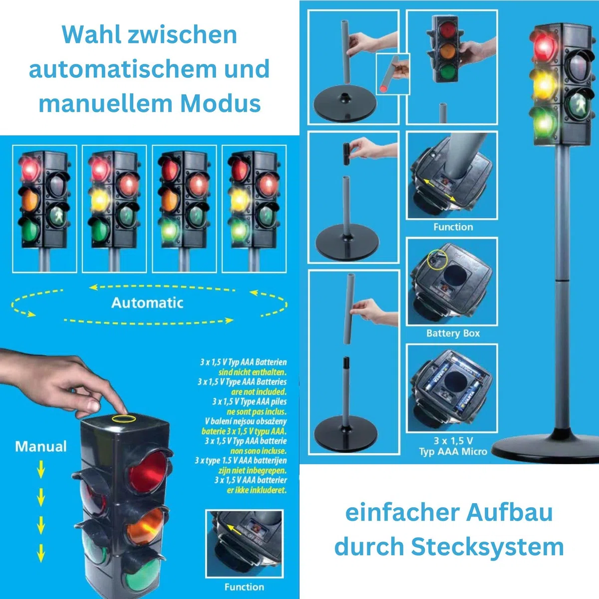 alldoro 60095 Semáforo, semáforo para niños con Base Ancha, Aprox. 75 cm de Altura, con 2 Luces para vehículos y 2 para peatones, Funciona con Pilas, 2 Modos de luz e Interruptor