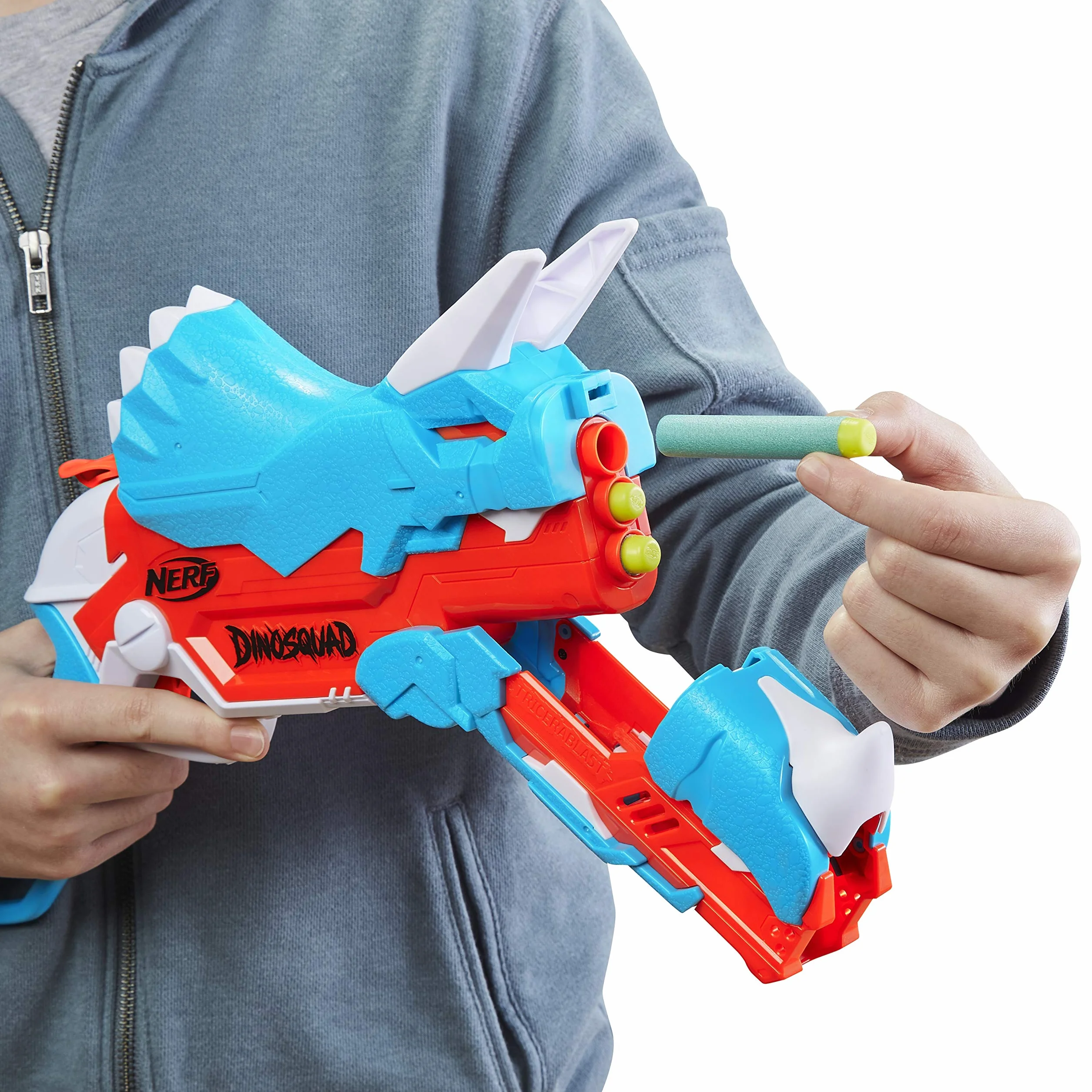 Nerf DinoSquad Tricera-blast Blaster, Break-Open 3-Dart Loading, 12 Nerf Darts, Dart Storage, Triceratops Dinosaur Design