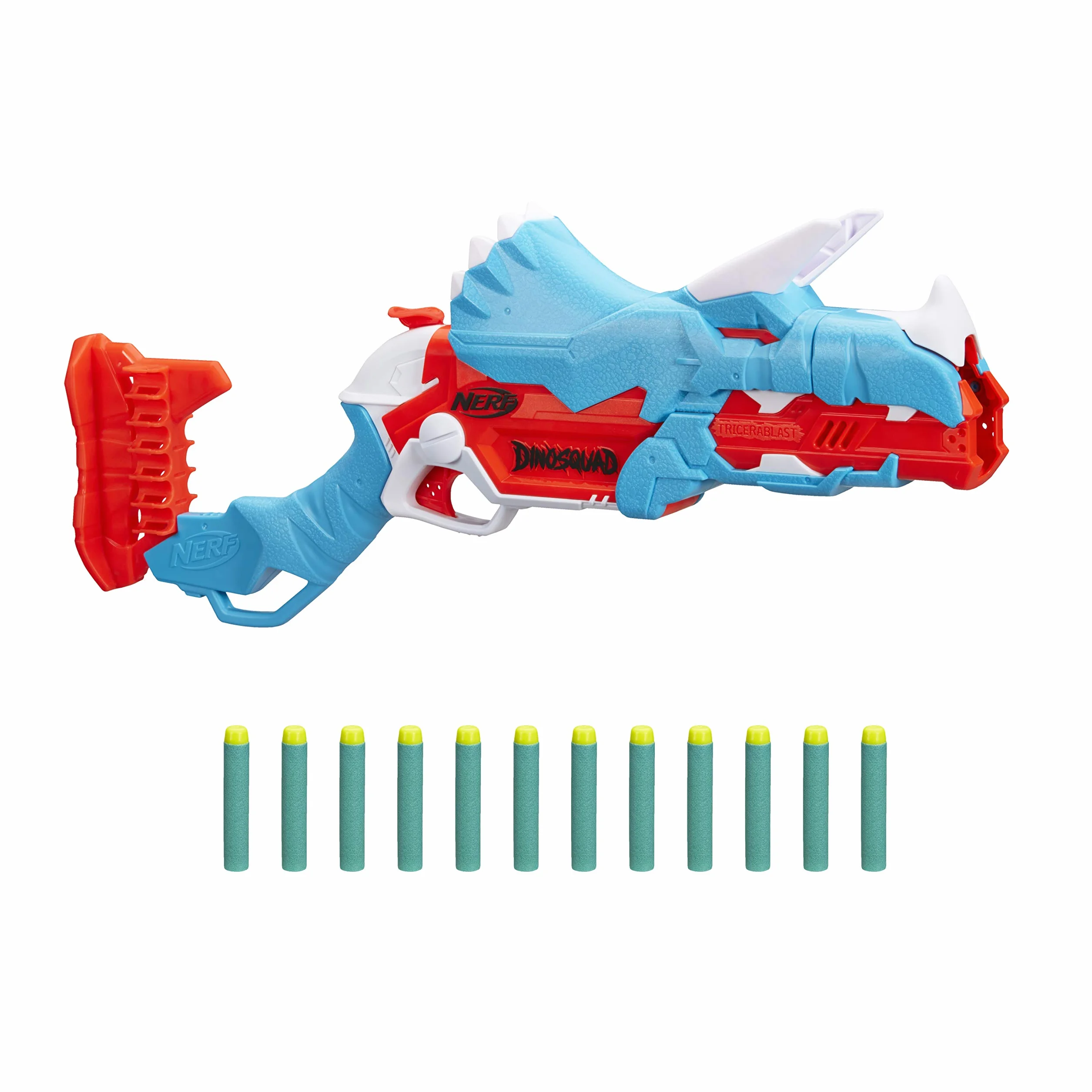 Nerf DinoSquad Tricera-blast Blaster, Break-Open 3-Dart Loading, 12 Nerf Darts, Dart Storage, Triceratops Dinosaur Design