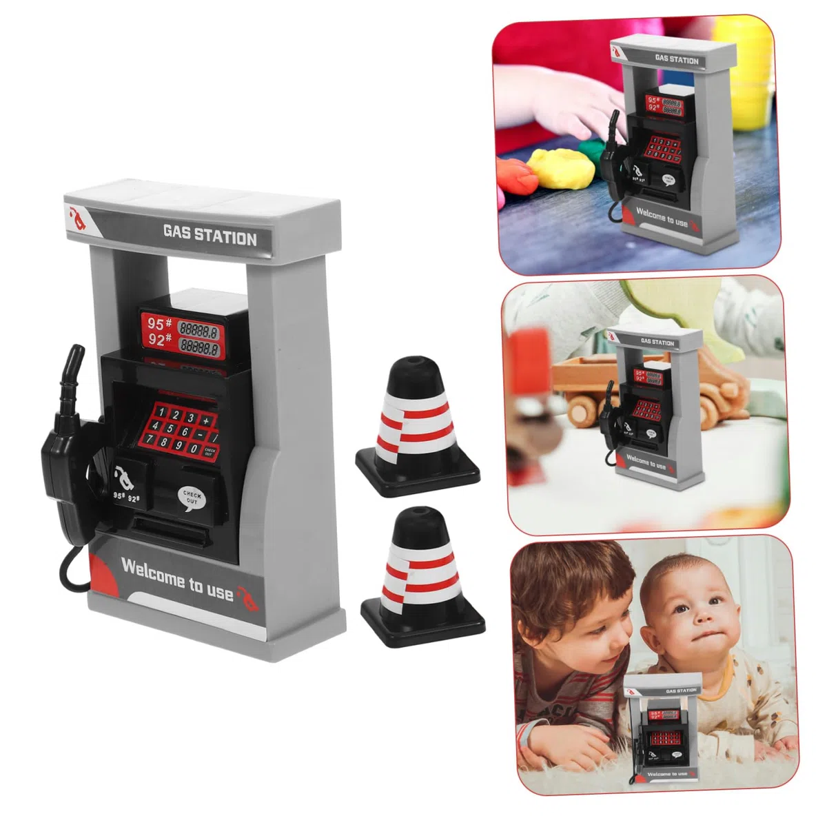 Modelo de Gasolinera Simulada para Niños con Diseño Realista, Plástico Duradero y Accesorios de Conos y Barreras de Carretera