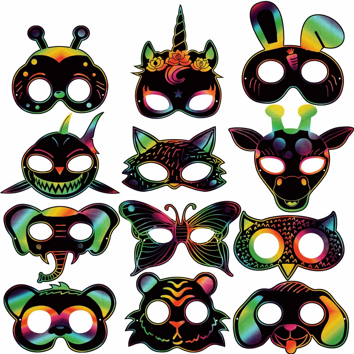 Qpout 48pcs Scratch Art Máscaras para niños, animales rascadores, juego de máscaras con cordones elásticos y lápiz de madera para niños, cumpleaños, Pascua, Halloween, Navidad, juego, regalo