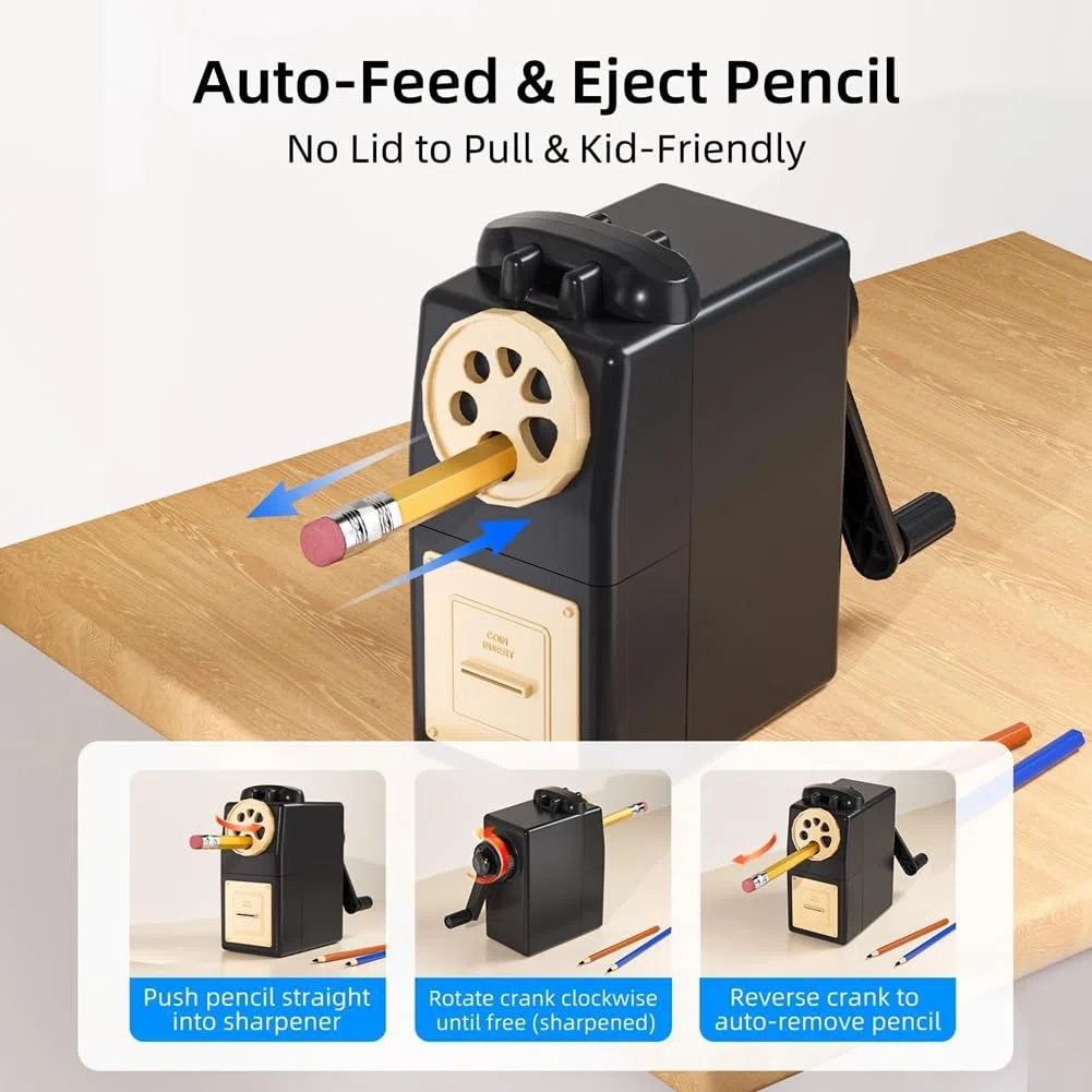 Sacapuntas Manual de Manivela, 6 Tamaños para de 6 A 12 Mm, Manivela Automática con Punta Ajustable, Ideal para Niños y Estudiantes.