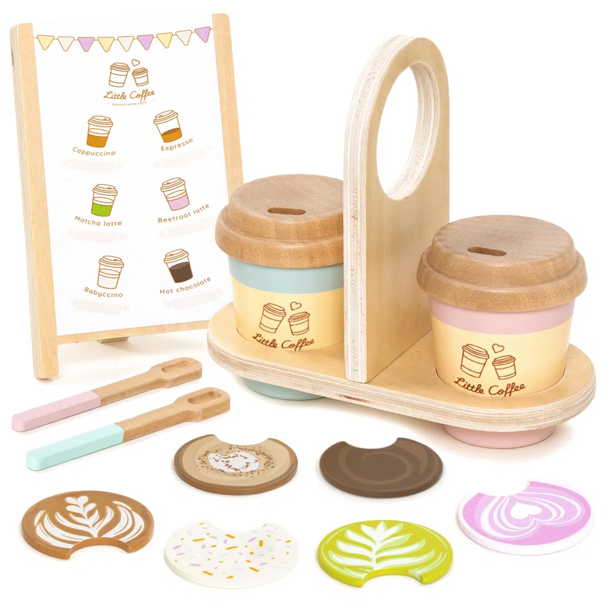 UMU Coffee to Go - Juego de café para niños a partir de 3 años, 15 piezas de accesorios de juego de rol de madera, taza de café y juego de barista