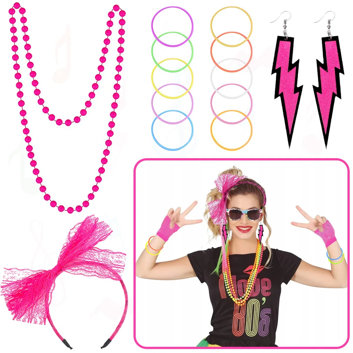 80s Accesorios de Traje 21pcs 80 años Disfraz Mujer neón,Encaje de Pendientes ​Fishnet Guantes Collar Pulsera Juego de Fiesta de Cosplay Retro