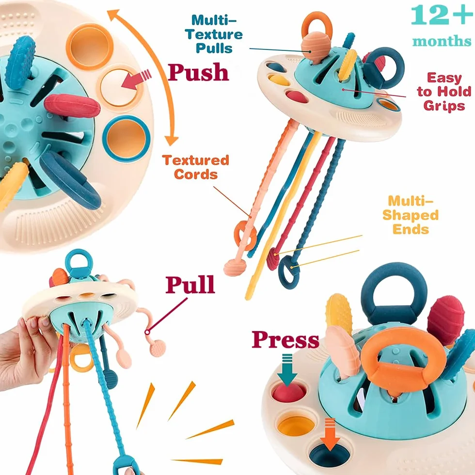 Montessori Juguetes para Bebés, Juguetes para Bebés de Habilidades Motoras Juguetes de Actividad Multisensorial para Bebés, Cuerda de Silicona para Tirar, Juguetes Regalo para Niños