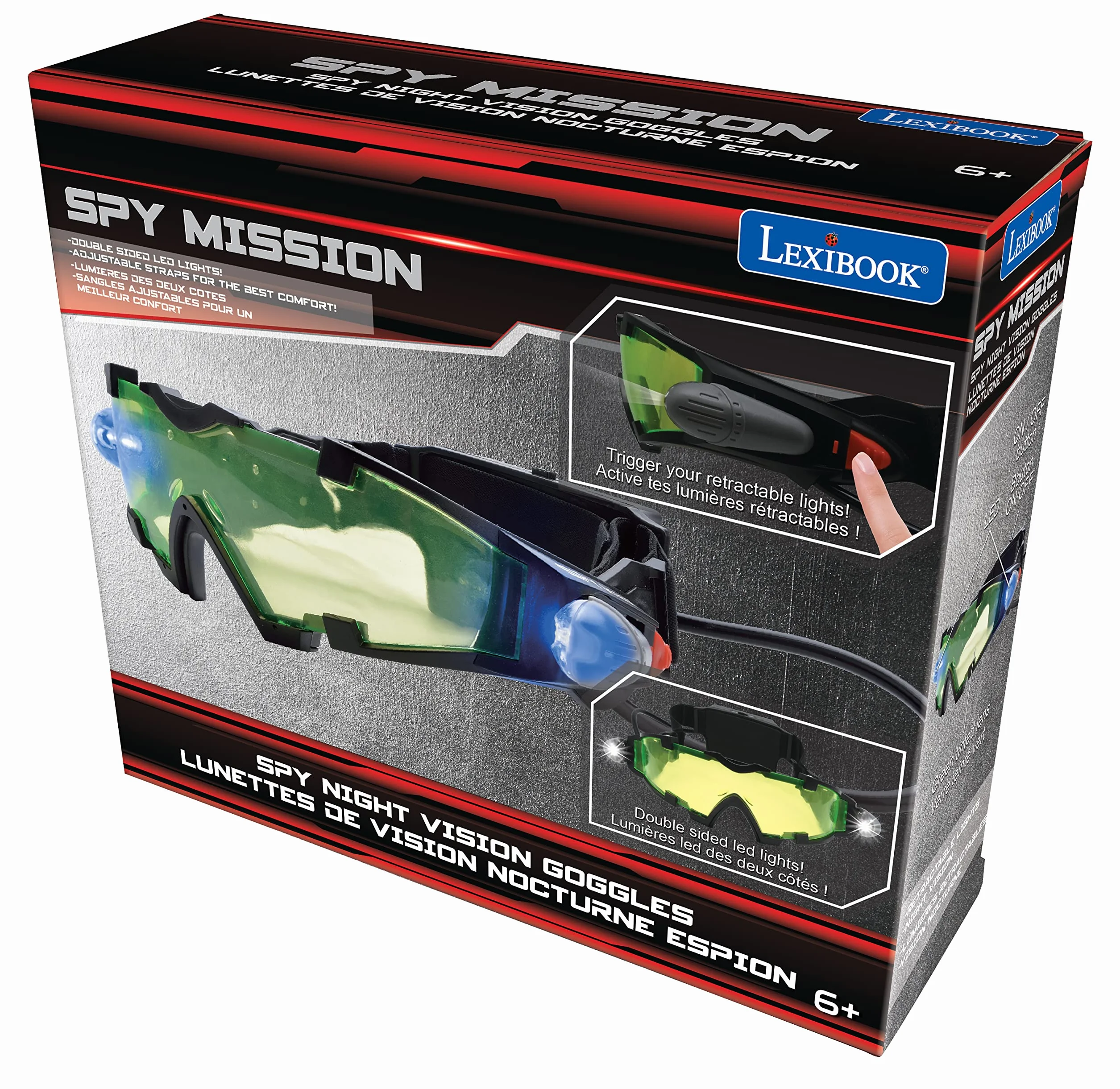 Lexibook - Spy Mission, Gafas espía de visión Nocturna, Luces LED retráctiles, Cristales tintados Verdes, Bandas elásticas Ajustables, Negro, RPSPY04LXB