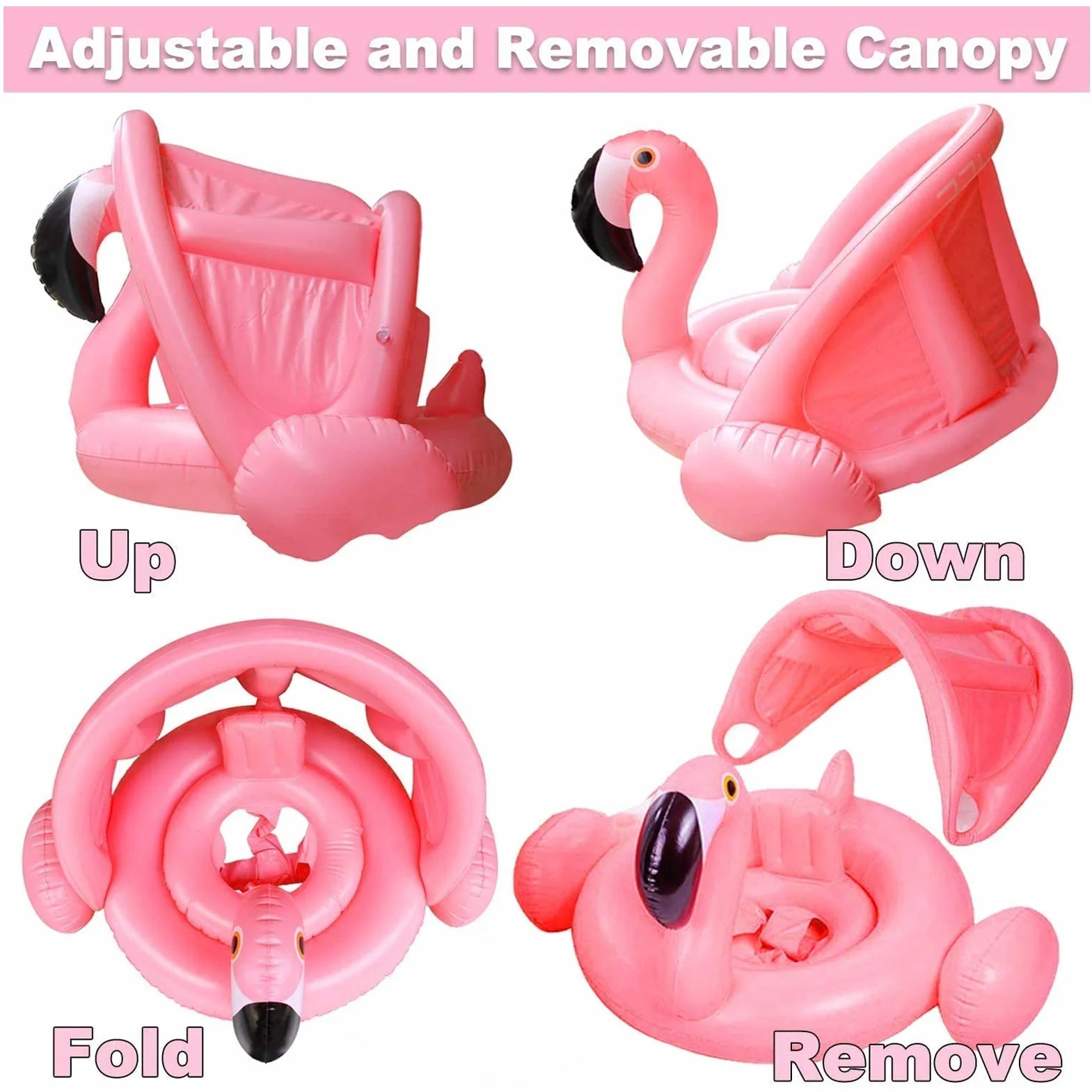 Flotadora para Bebés, Flamenco Bebé Flotador de Seguridad, Flotador para Bebé con Sombrilla, Flotador para Bebé con Asiento, Ajustable Barco Anillo de Natación, Protección UV