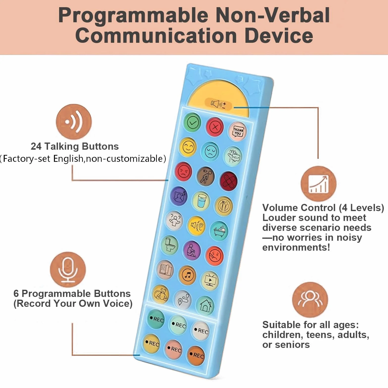 Dispositivo CAA para Autismo, Herramienta de Comunicación No Verbal con 6 Botones Programables y Volumen Ajustable. para Terapia del Habla y Rehabilitación de Adultos/Niños
