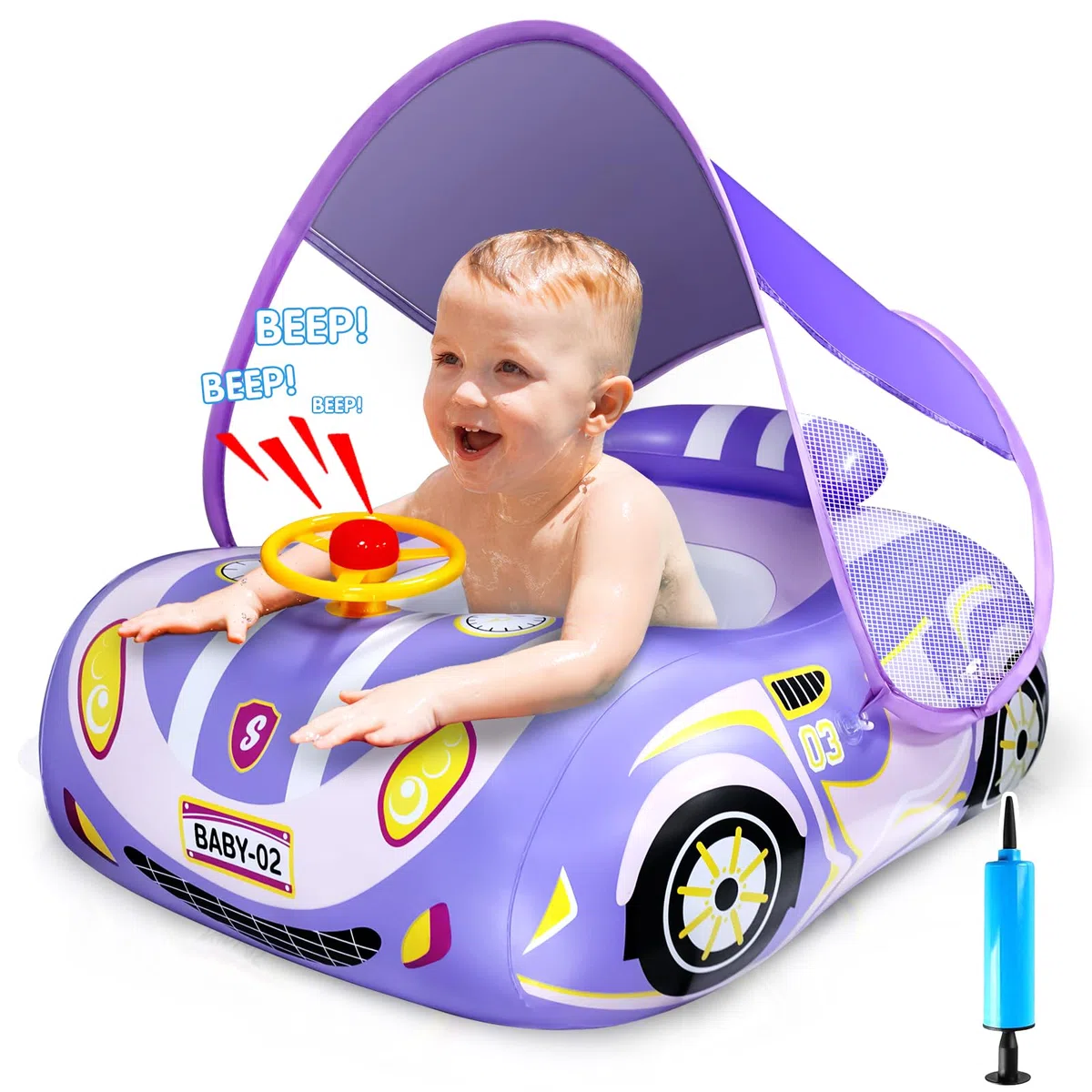 Flotador Bebe con Sombrilla SPF50+, Inflable Flotador Bebé con Volante, Flotador con Sombrilla para Bebe, Flotador Piscina Bebe, para Niños Bebes Piscina de Natación Playa,para Niños 1-4 Año