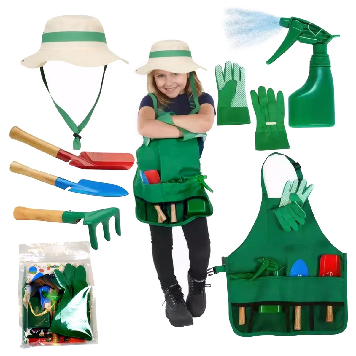 Juego de jardinería para niños Conjunto de herramientas de jardinería para niños El conjunto educativo de jardinería para niños pequeños incluye el delantal, el pulverizador, los guantes, el sombrer