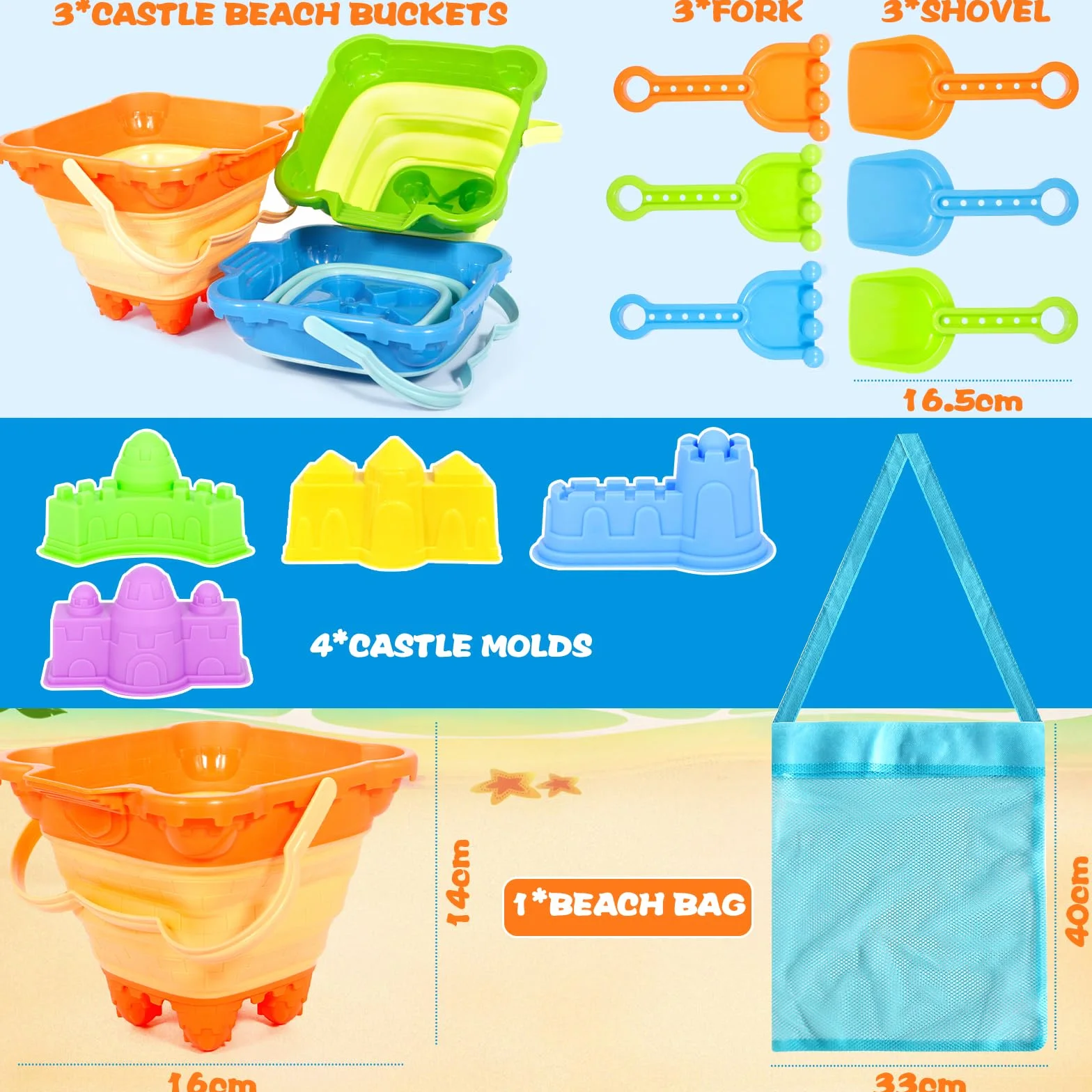 14 Piezas Juguetes de Playa para Niños con Cubo Castillo, Palas, Moldes de Arena y Bolsa de Rejilla – Juguetes Playa Infantiles Ideales para Arenero, Jardín, Vacaciones, Viajes