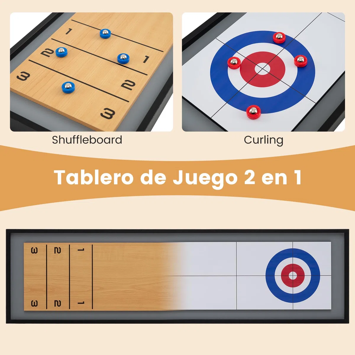COSTWAY Shuffleboard y Curling de Mesa, 2 en 1 Juego de Mesa Combinada de Madera con 8 Discos, Juego de Tejo Portátil de Shuffleboard, Game Sets de Doble Cara para Adultos Niños