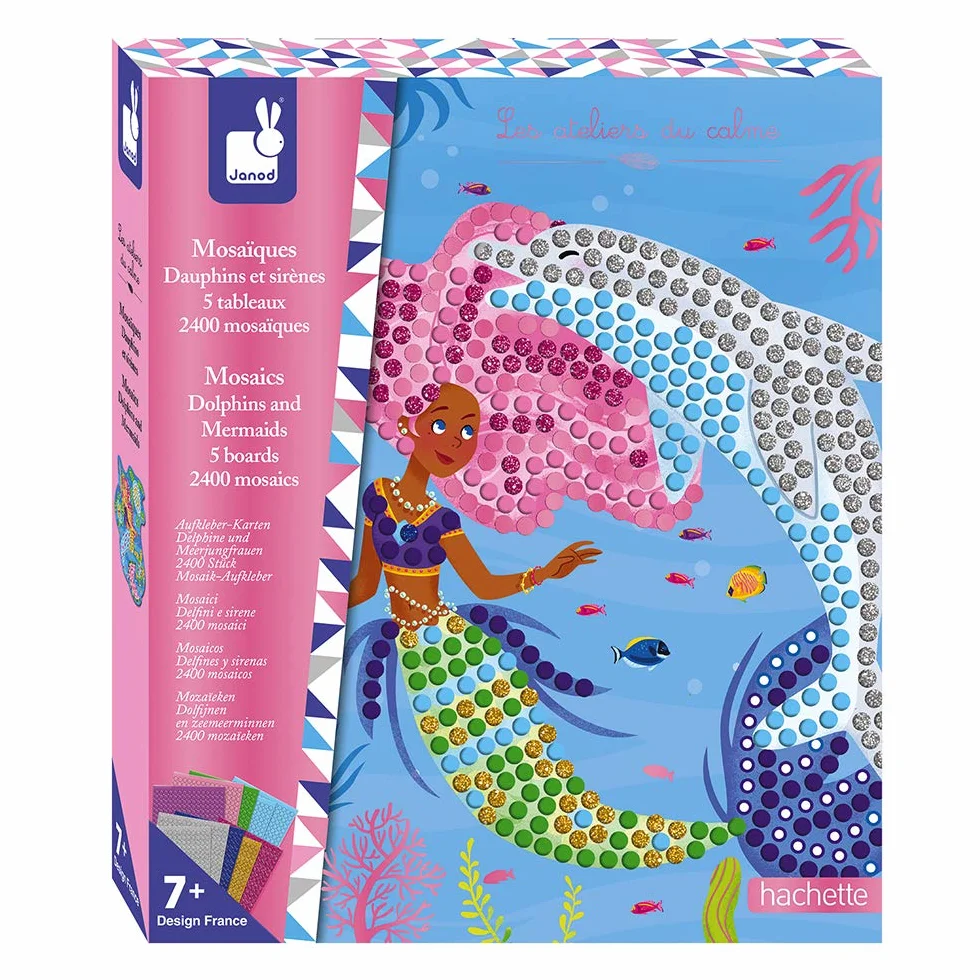 Janod - Estuche Mosaicos Delfines y Sirenas - Les Ateliers Du Calme - Kit Infantil de Manualidades Creativas - Desarrolla la Motricidad Fina y la Concentración - A Partir de 7 Años, J07961