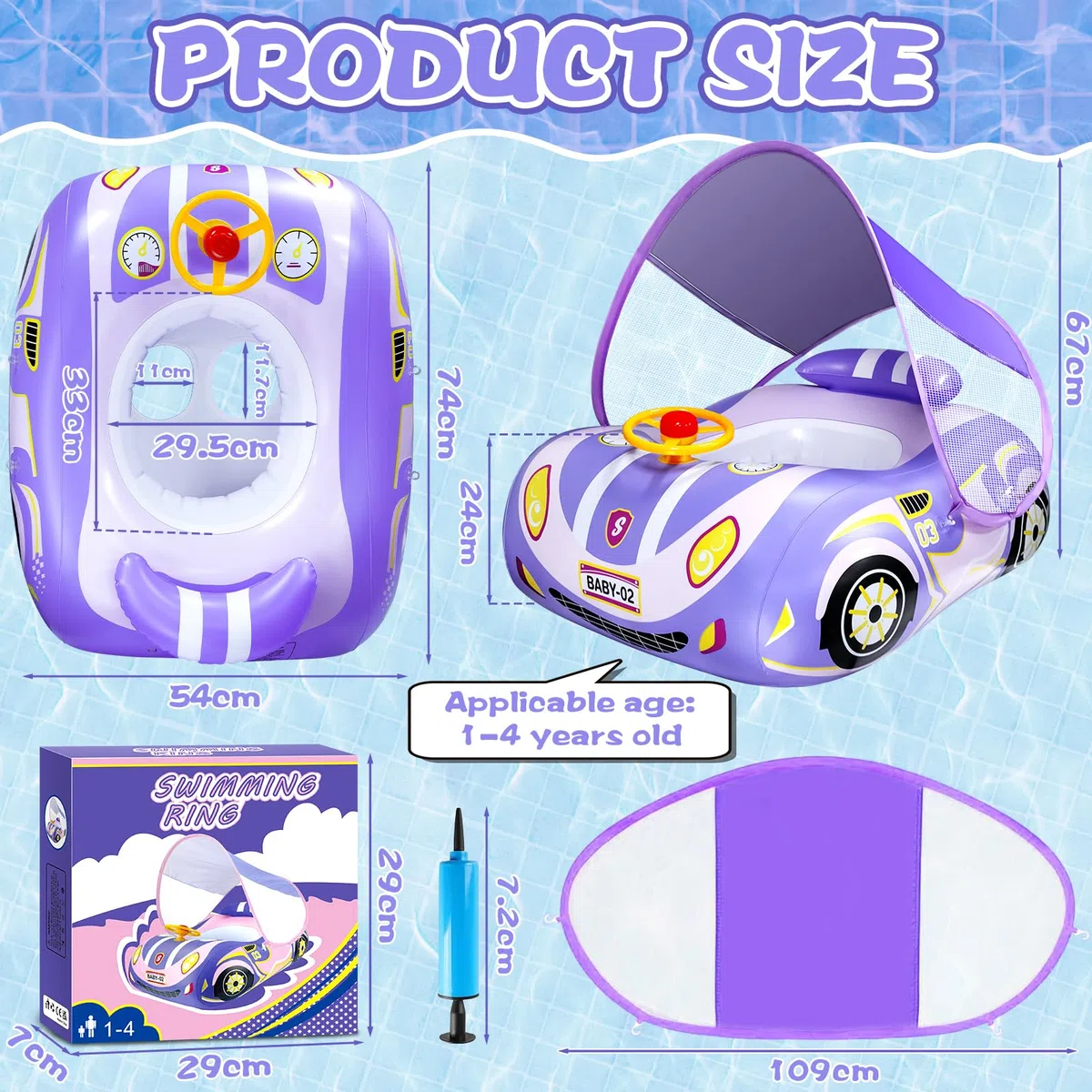 Flotador Bebe con Sombrilla SPF50+, Inflable Flotador Bebé con Volante, Flotador con Sombrilla para Bebe, Flotador Piscina Bebe, para Niños Bebes Piscina de Natación Playa,para Niños 1-4 Año