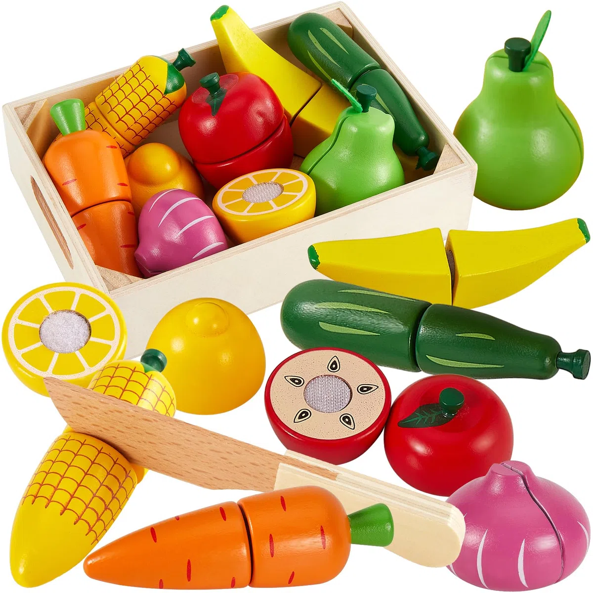 HERSITY Frutas y Verduras Juguete, Madera Juguete para Cocina Cortar, Juego de rol, Juguete Educativos Montessori para Niños y Niñas Regalo 18 Meses+