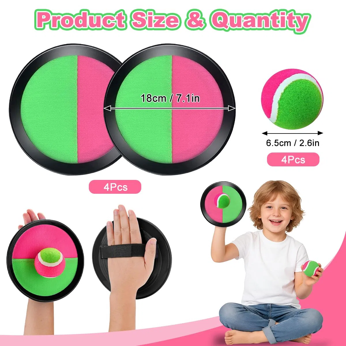 Captura Bolas Raqueta Set, Juego de Lanzamiento y Captura com 4 Palas y 4 Bolas, Lanzamiento Pelota Juegos, Juego de Lanzar y Atrapar Pelotas para Patio, Jardín, Interior & Exterior (2 pares)