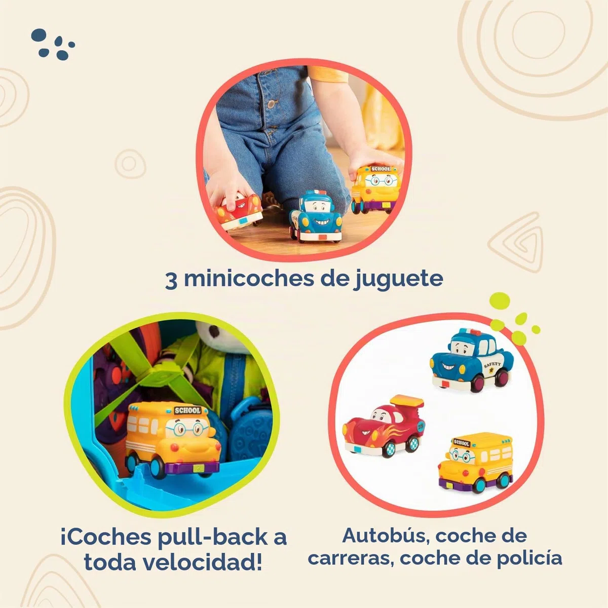 B. toys – Vehículos de Impulso – 3 vehículos de Juguete – Bus, Carreras, Policía – Vehículos de Juguete para niños – 1 año + – Mini Wheeee-LS! - Bus, Auto de Carreras, Auto Policía