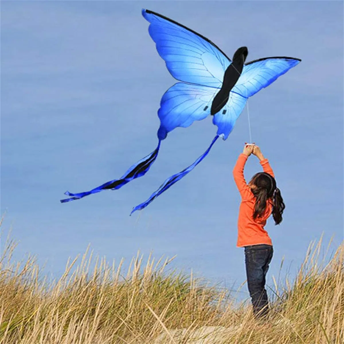 Touch the sky Cometa Mariposa Azul para Niños y Adultos, Fácil de Volar, Diseño de Estructura Único, Excelentes Juegos al Aire Libre y Juguetes de Actividades, Adecuado para Principiantes.