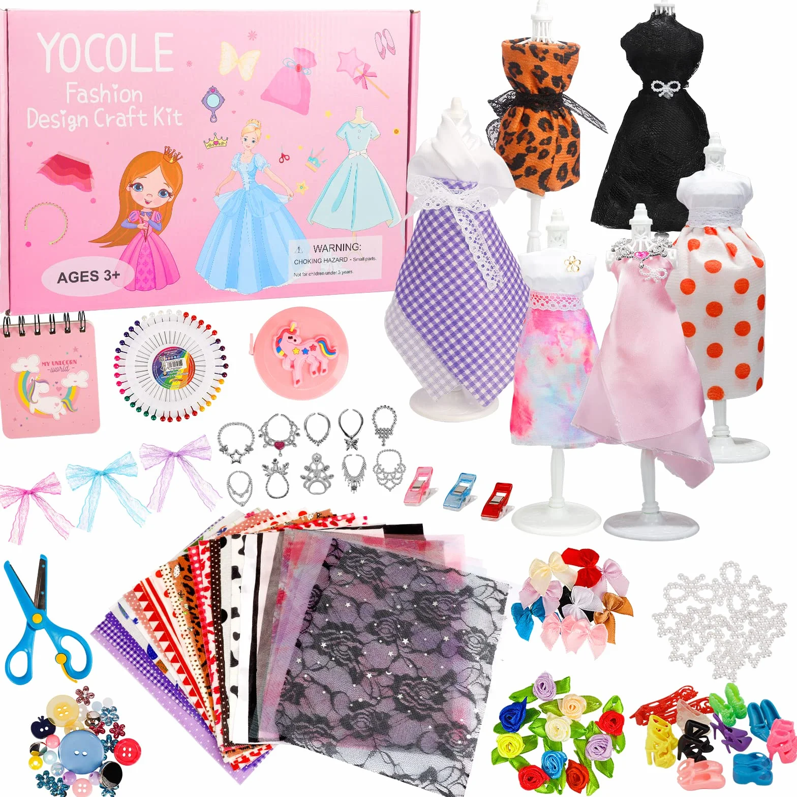 YOCOLE 300+ Piezas Kit Diseña la Moda Niña, Kit Costura con Telas Manualidades con Maniquíes Cuaderno Accesorios, Regalos Fashion Designer Creativos Juegos para Niñas Niños 6 7 8 9 10 11 Años
